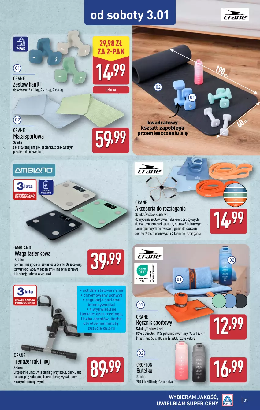 Gazetka promocyjna Aldi - Pełna oferta - ważna 29.12.2025 do 03.01.2026 - strona 31 - produkty: Bateria, Ekspander, Mata sportowa, Por, Rama, Ręcznik, Sport, Waga, Waga łazienkowa, Zestaw hantli