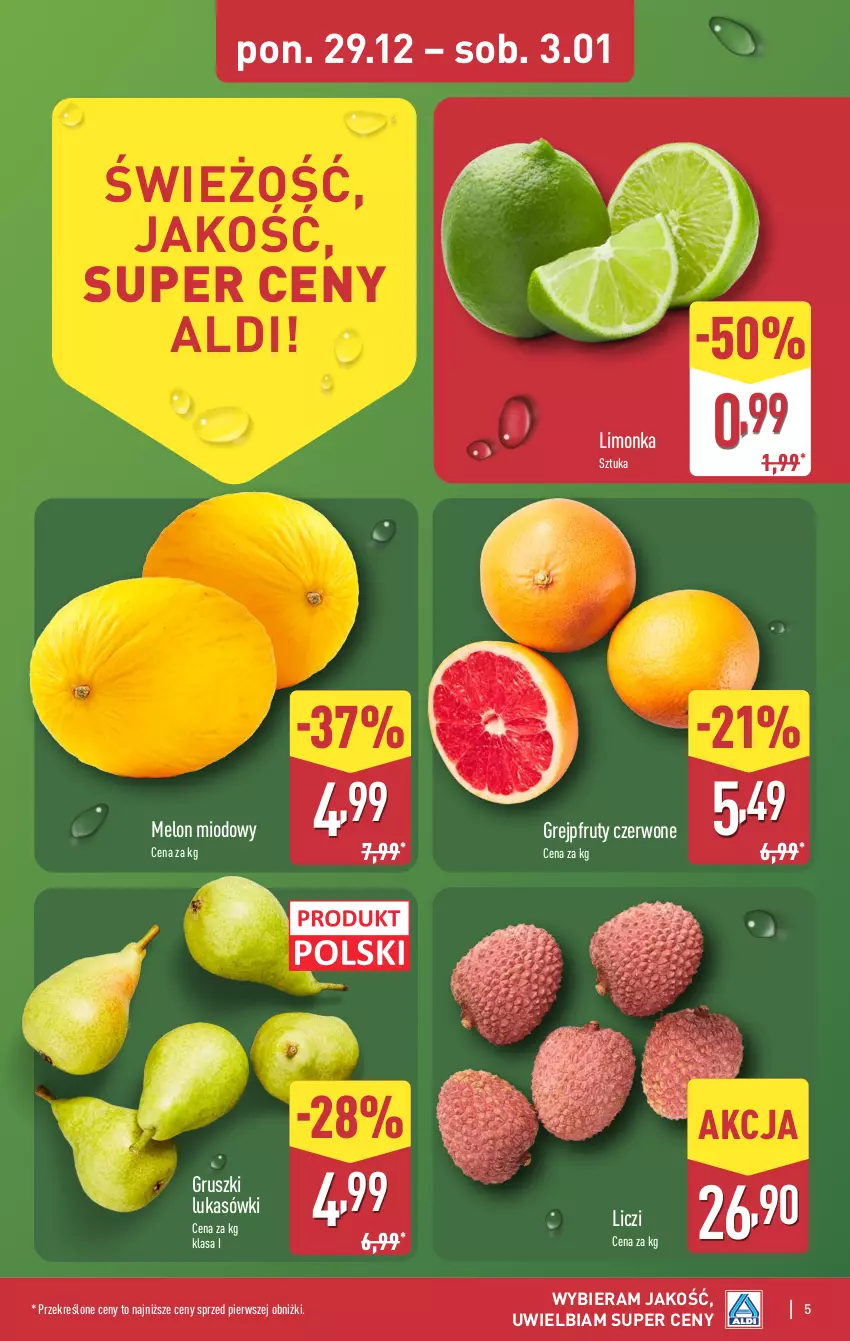 Gazetka promocyjna Aldi - Pełna oferta - ważna 29.12.2025 do 03.01.2026 - strona 5 - produkty: Grejpfrut, Gruszki, Liczi, Limonka, Melon