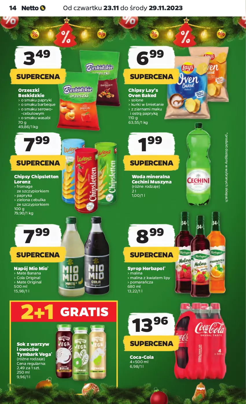 Gazetka promocyjna Netto - Artykuły spożywcze - ważna 23.11 do 29.11.2023 - strona 14 - produkty: Beskidzki, Chipsy, Coca-Cola, Gin, Gra, Herbapol, Lay’s, Lorenz, Mus, Napój, Orzeszki, Papryka, Ser, Sok, Syrop, Szyna, Tymbark, Wasa, Woda, Woda mineralna