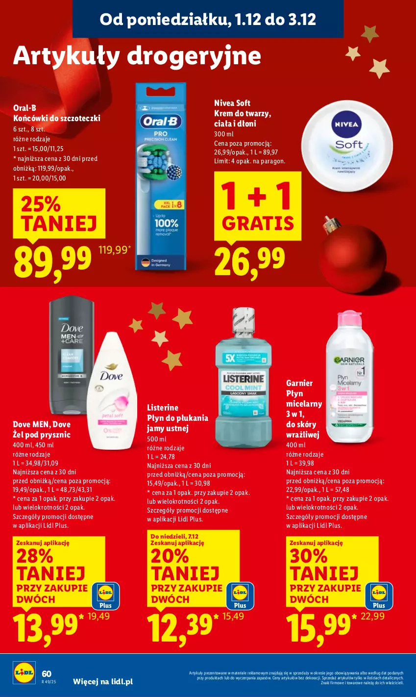Gazetka promocyjna Lidl - GAZETKA - ważna 01.12 do 03.12.2025 - strona 62 - produkty: Dove, Garnier, Gra, Końcówki do szczoteczk, Krem do twarzy, Listerine, Nivea, Płyn do płukania, Płyn do płukania jamy ustnej, Płyn micelarny