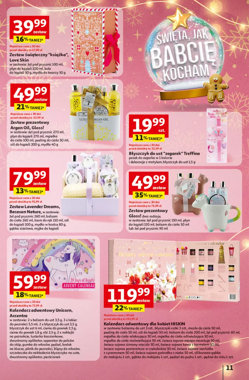 Gazetka promocyjna Auchan - Święta jak babcię kocham Hipermarket - ważna 20.11 do 26.11.2025 - strona 11 - produkty: Balsam do ciała, Balsam do ust, Błyszczyk do ust, Kalendarz, Kalendarz adwentowy, Kawa, Klej, Krem do rąk, Książka, Lakier, Lakier do paznokci, Makijaż, Mango, Masło, Masło do ciała, Mydło, Pasek, Pędzel do pudru, Pędzel do różu, Peeling, Pierścionek, Pilnik, Pilnik do paznokci, Płyn do kąpieli, Sól, Sól do kąpieli, Szarlotka, Szczoteczka, Zegar, Zegarek, Zestaw prezentowy