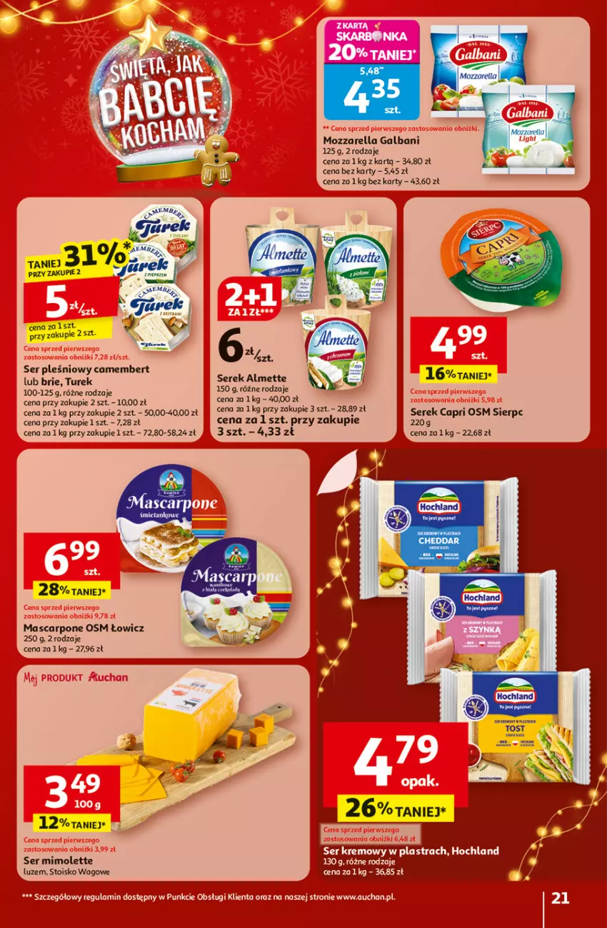 Gazetka promocyjna Auchan - Święta jak babcię kocham Hipermarket - ważna 20.11 do 26.11.2025 - strona 21 - produkty: Almette, Brie, Camembert, Cheddar, Galbani, Hochland, Mascarpone, Mimolette, Mozzarella, Ser, Ser pleśniowy, Serek
