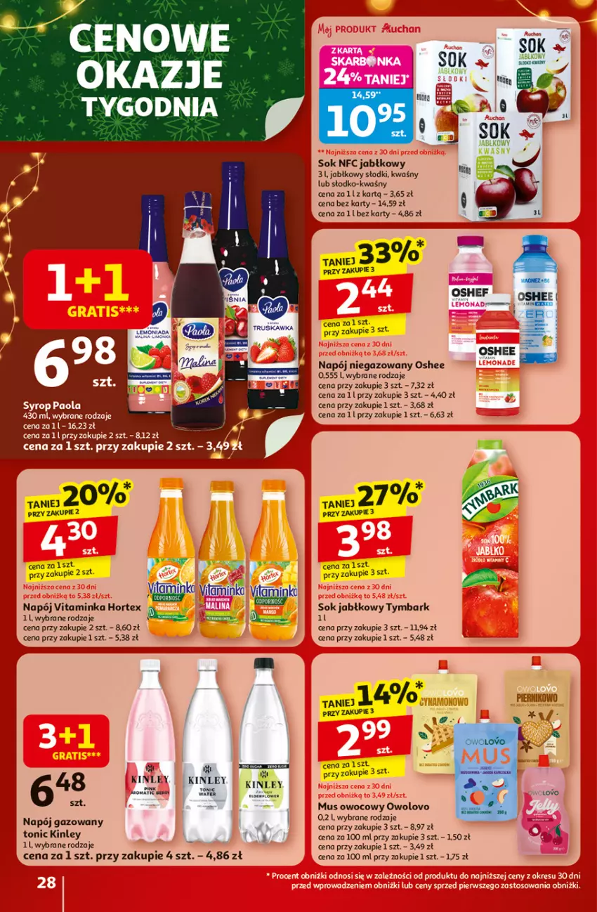 Gazetka promocyjna Auchan - Święta jak babcię kocham Hipermarket - ważna 20.11 do 26.11.2025 - strona 28 - produkty: Hortex, Inka, Mus, Napój, Napój gazowany, Napój niegazowany, Oshee, Paola, Piernik, Sok, Sok jabłkowy, Somat, Syrop, Tymbark