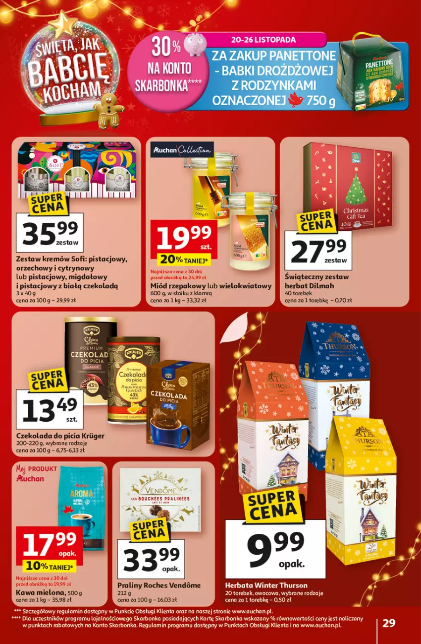 Gazetka promocyjna Auchan - Święta jak babcię kocham Hipermarket - ważna 20.11 do 26.11.2025 - strona 29 - produkty: Czekolada, Dilmah, Herbata, Kawa, Kawa mielona, Miód, Por, Praliny