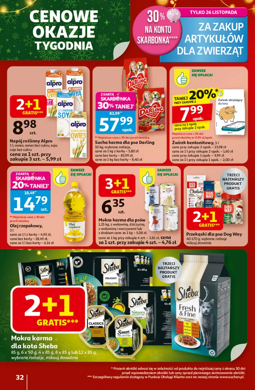 Gazetka promocyjna Auchan - Święta jak babcię kocham Hipermarket - ważna 20.11 do 26.11.2025 - strona 32 - produkty: Alpro, Gra, Mokra karma, Napój, Napój roślinny, Olej, Olej rzepakowy, Przekąski dla psa, Sucha karma, Warzywa