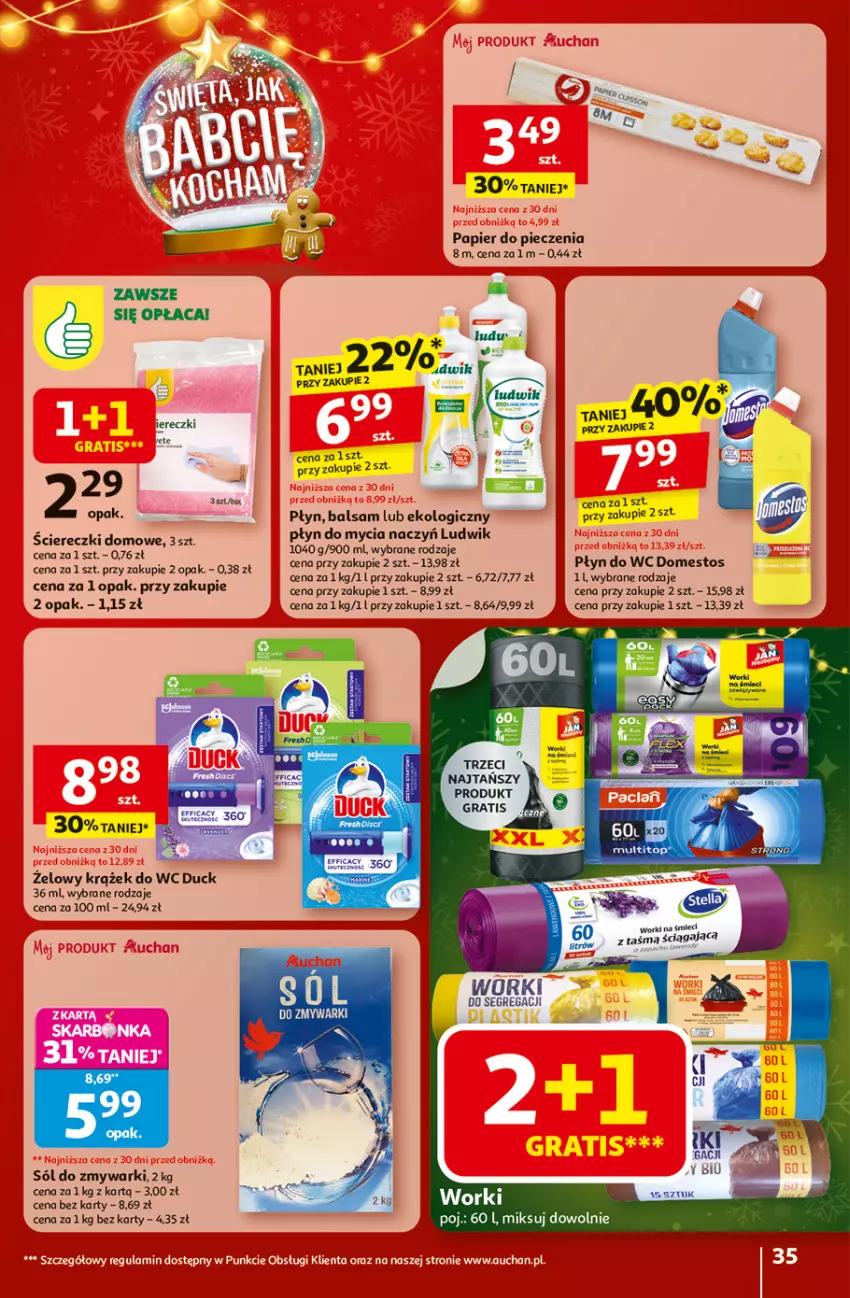 Gazetka promocyjna Auchan - Święta jak babcię kocham Hipermarket - ważna 20.11 do 26.11.2025 - strona 35 - produkty: Do mycia naczyń, Domestos, Duck, Gra, Ludwik, Papier, Papier do pieczenia, Piec, Płyn do mycia, Płyn do mycia naczyń, Płyn do wc, Sól, Top, Zmywarki