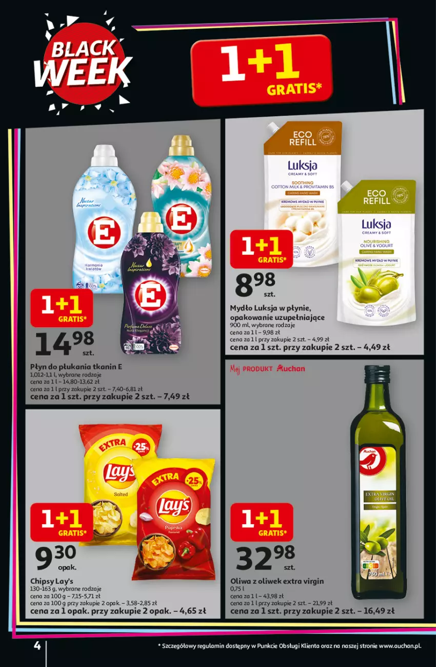 Gazetka promocyjna Auchan - Święta jak babcię kocham Hipermarket - ważna 20.11 do 26.11.2025 - strona 4 - produkty: Chipsy, Gin, Luksja, Mydło, Oliwa, Oliwa z oliwek, Płyn do płukania