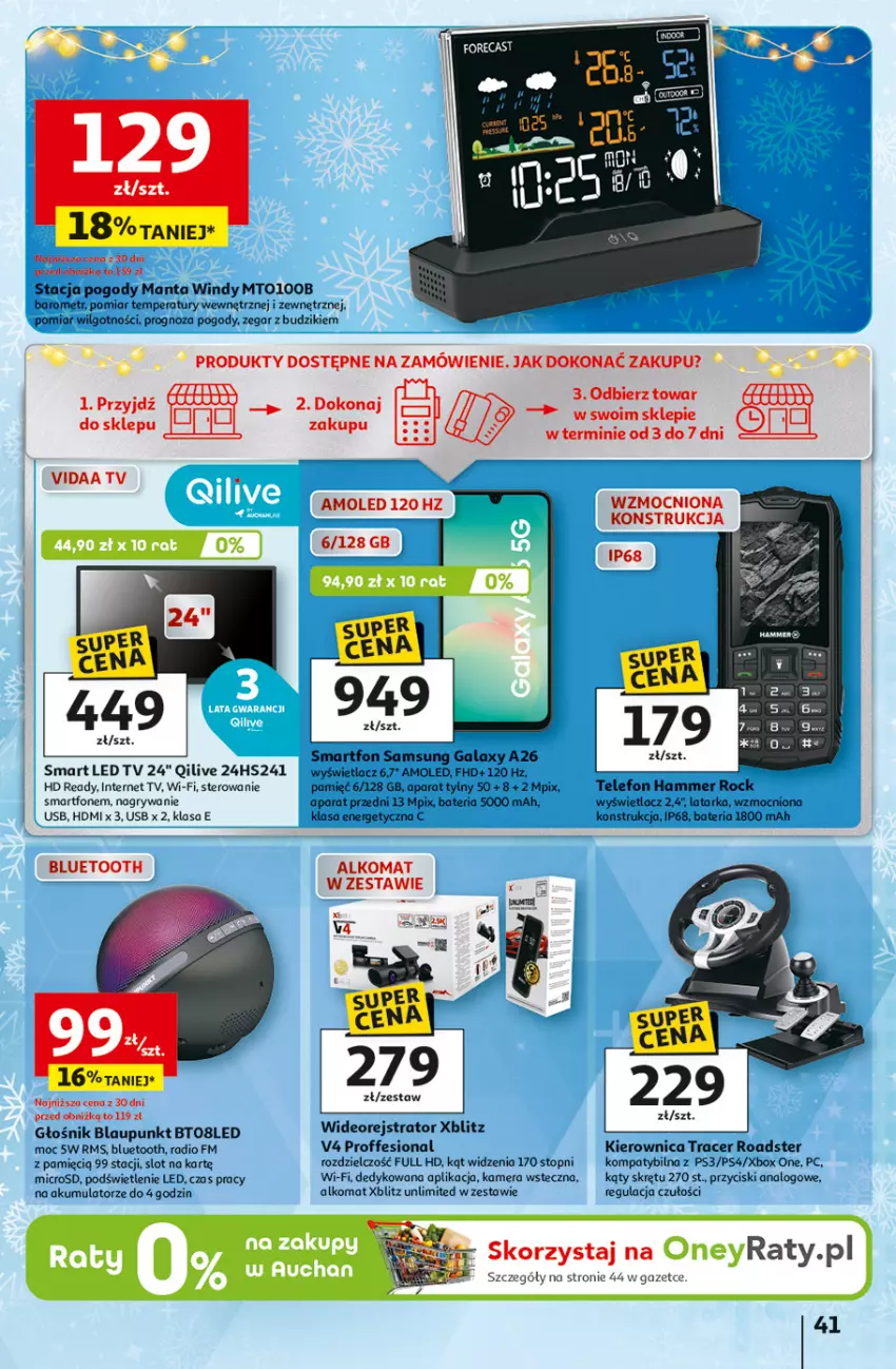Gazetka promocyjna Auchan - Święta jak babcię kocham Hipermarket - ważna 20.11 do 26.11.2025 - strona 41 - produkty: Acer, Akumulator, Alkomat, Amol, Bateria, Budzik, Gala, Głośnik, Gry, HD ready, Kamera, Kierownica, Latarka, LED TV, LG, Manta, Samsung, Smartfon, Tarka, Telefon, Top, Xblitz, Xbox, Zegar