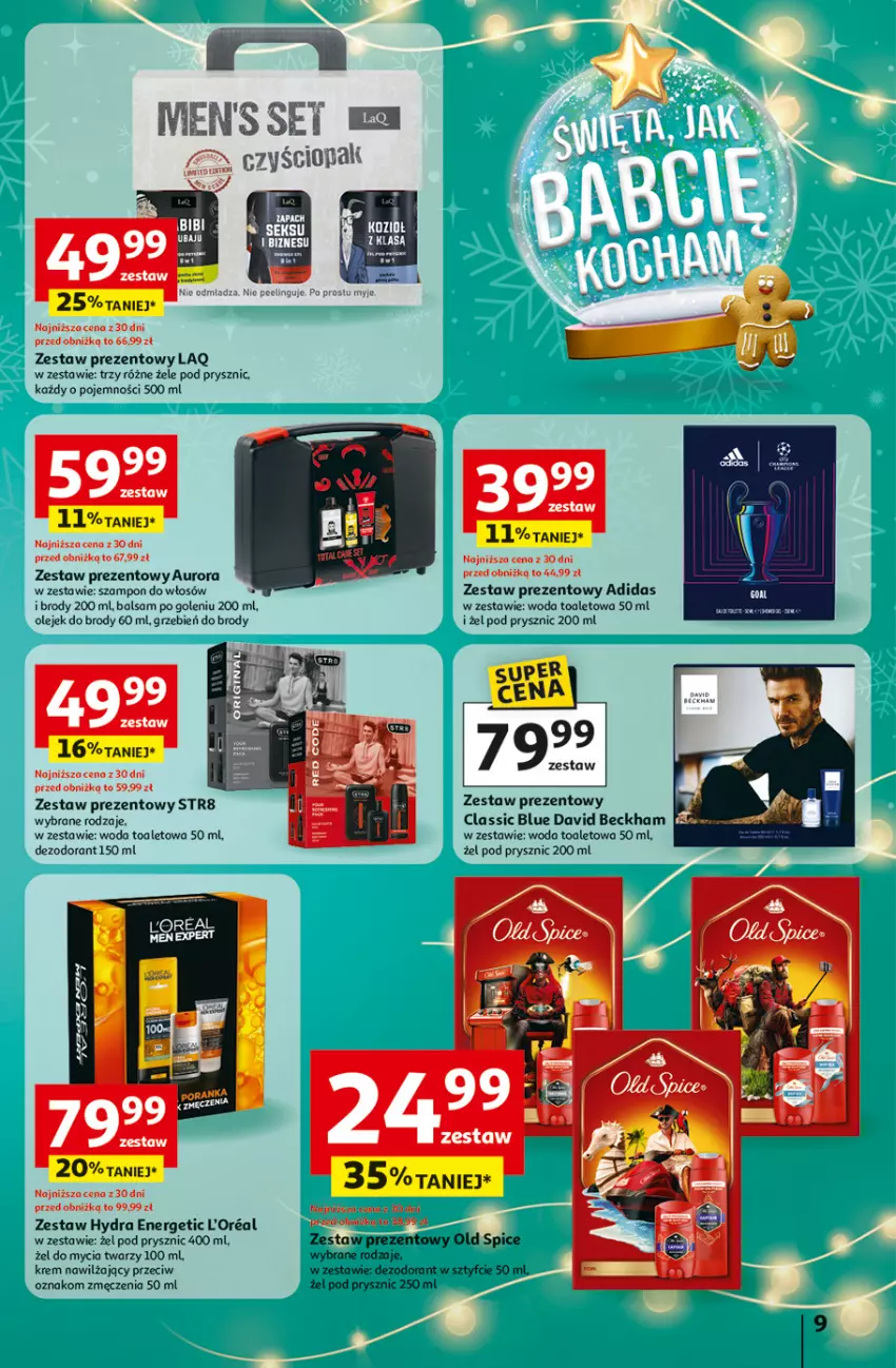 Gazetka promocyjna Auchan - Święta jak babcię kocham Hipermarket - ważna 20.11 do 26.11.2025 - strona 9 - produkty: Adidas, Balsam po goleniu, David Beckham, Dezodorant, Krem nawilżający, Old Spice, Olej, Peeling, Str8, Szampon, Woda, Woda toaletowa, Zestaw prezentowy