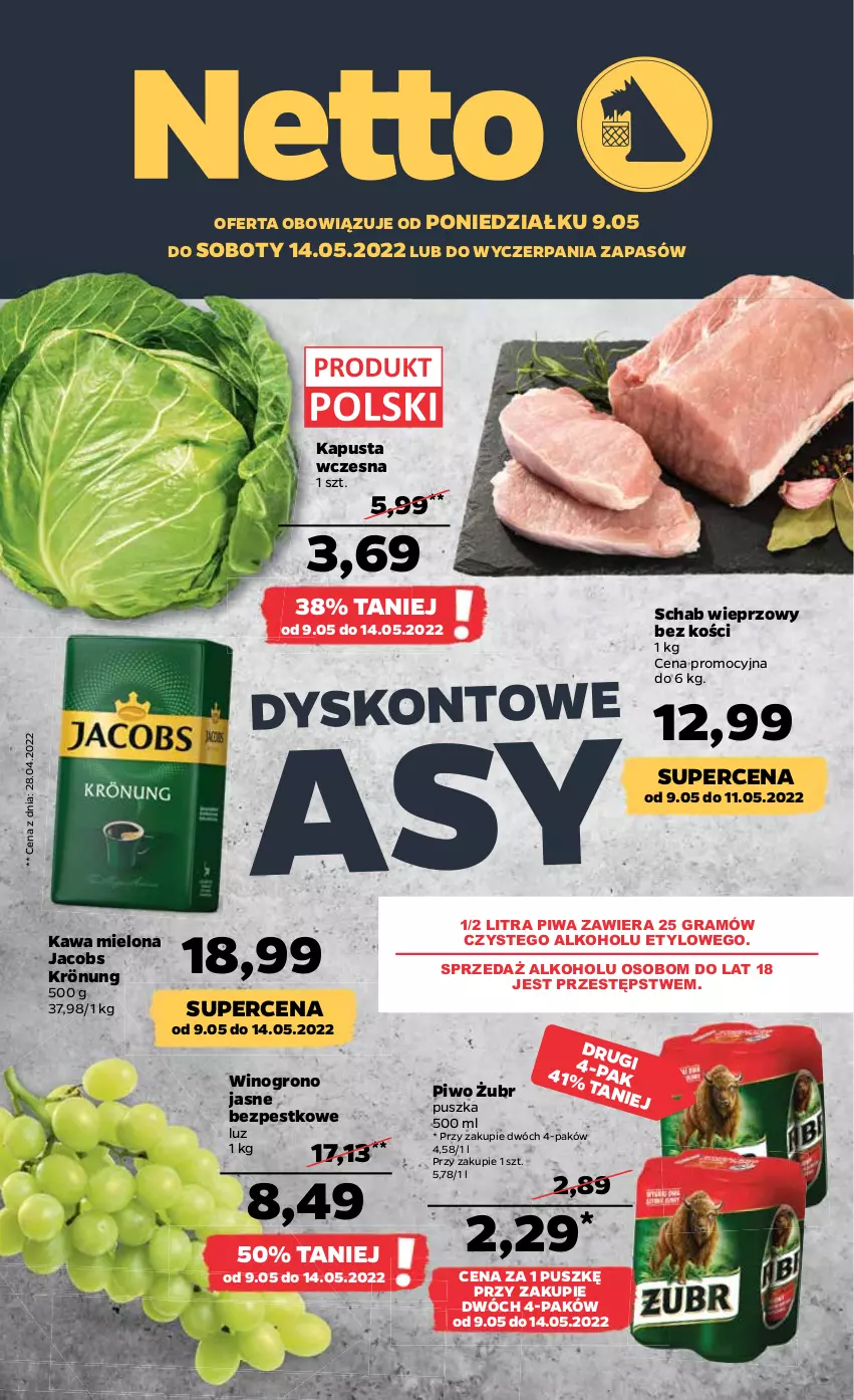 Gazetka promocyjna Netto - Gazetka spożywcza - ważna 09.05 do 14.05.2022 - strona 1 - produkty: Gra, Jacobs, Jacobs Krönung, Kawa, Kawa mielona, Piwa, Piwo, Schab wieprzowy, Wino