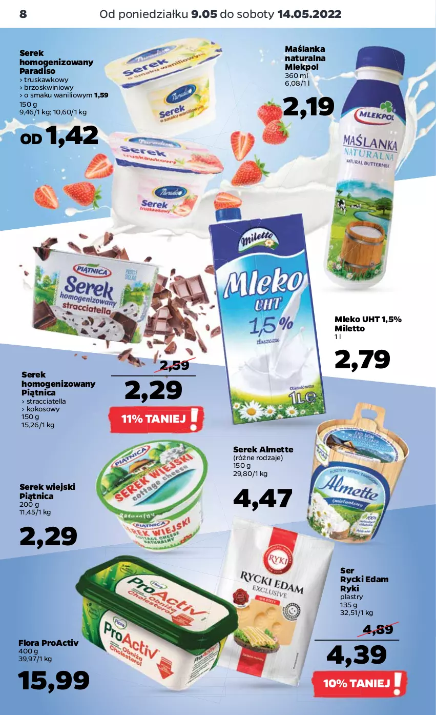 Gazetka promocyjna Netto - Gazetka spożywcza - ważna 09.05 do 14.05.2022 - strona 8 - produkty: Almette, Edam, Flora, Kokos, Maślanka, Mleko, Piątnica, Rycki Edam, Ser, Serek, Serek homogenizowany, Serek wiejski