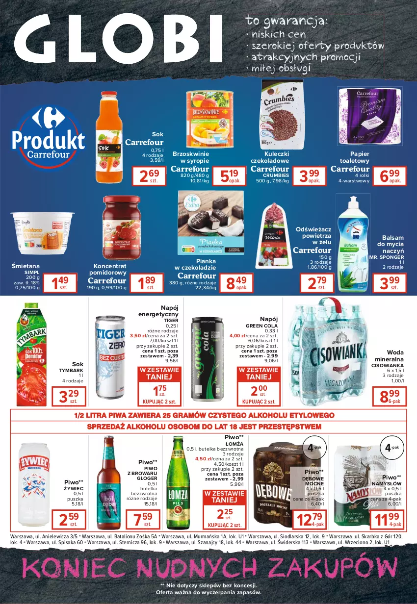 Gazetka promocyjna Carrefour - Gazetka Globi - ważna 11.01 do 17.01.2022 - strona 2 - produkty: Balsam do mycia naczyń, Brzoskwinie, Cisowianka, Do mycia naczyń, Gra, Koncentrat pomidorowy, Kosz, Lion, Namysłów, Napój, Napój energetyczny, Odświeżacz powietrza, Papier, Papier toaletowy, Pianka w czekoladzie, Piwa, Piwo, Rolki, Rum, Sok, Syrop, Tiger, Tymbark, Woda, Woda mineralna