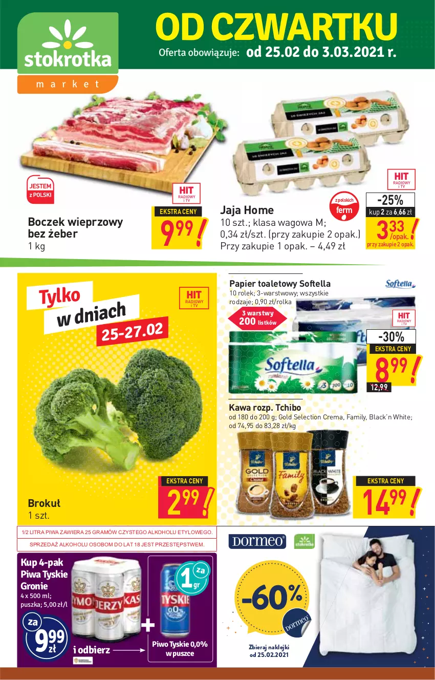 Gazetka promocyjna Stokrotka - Market - ważna 25.02 do 03.03.2021 - strona 1 - produkty: Boczek, Boczek wieprzowy, Fa, Gra, Jaja, Kawa, Klej, Lack, Papier, Papier toaletowy, Piwa, Piwo, Tchibo, Tyskie