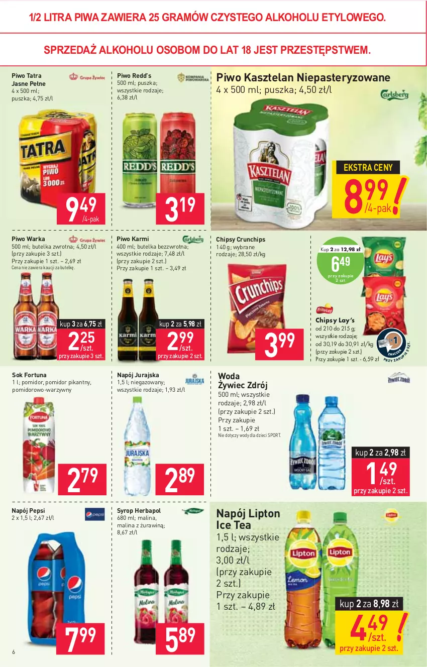 Gazetka promocyjna Stokrotka - Market - ważna 25.02 do 03.03.2021 - strona 6 - produkty: Chipsy, Crunchips, Dzieci, Fortuna, Gra, Herbapol, Ice tea, Karmi, Kasztelan, Lay’s, Lipton, Napój, Pepsi, Piwa, Piwo, Por, Sok, Sport, Syrop, Tatra, Warka, Woda