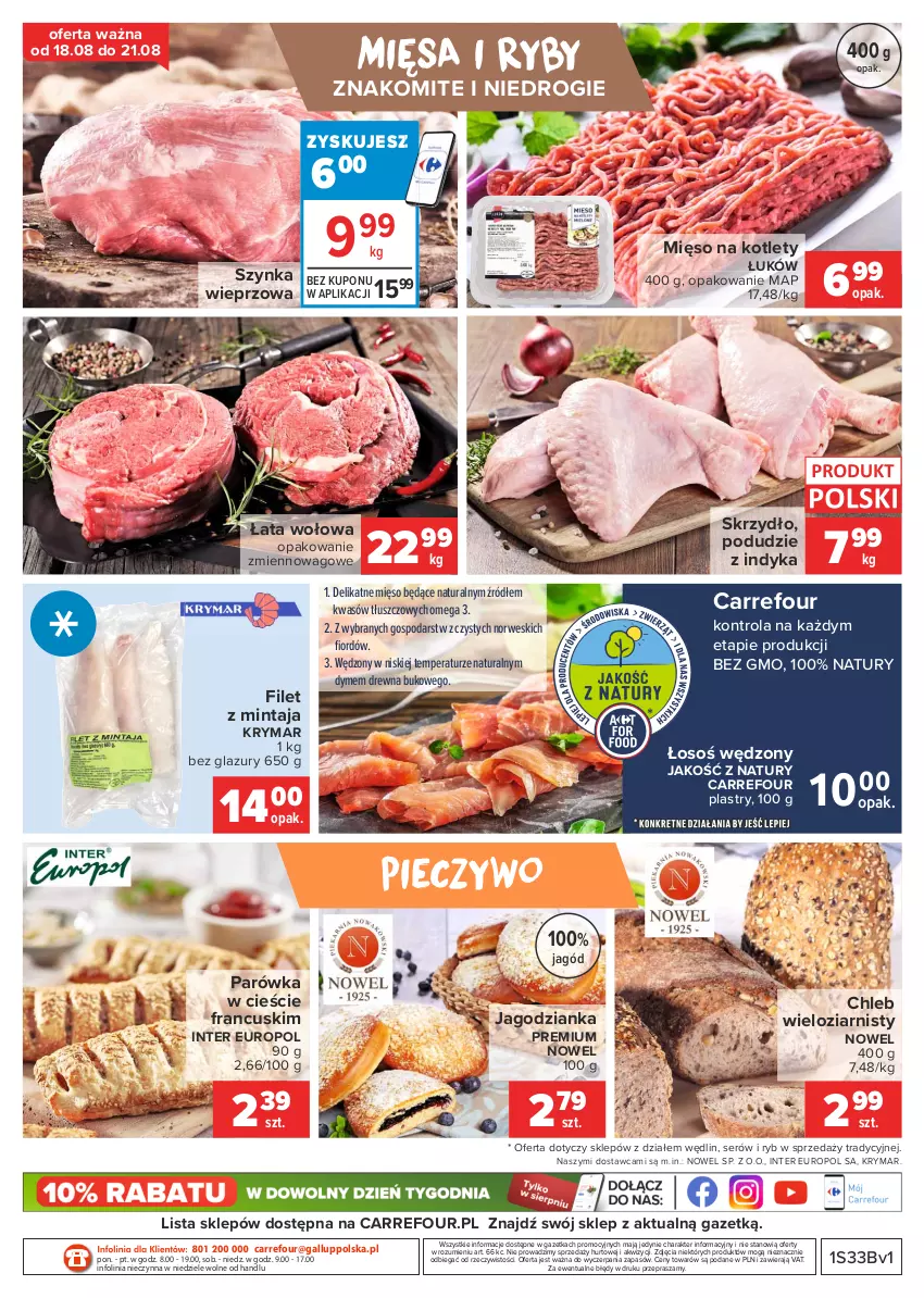 Gazetka promocyjna Carrefour - Gazetka Targi świeżości - ważna 16.08 do 23.08.2021 - strona 2 - produkty: Chleb, Chleb wieloziarnisty, Filet z mintaja, Jagodzianka, Kotlet, Lazur, Mięso, Mintaj, Piec, Pieczywo, Ser, Szynka, Szynka wieprzowa