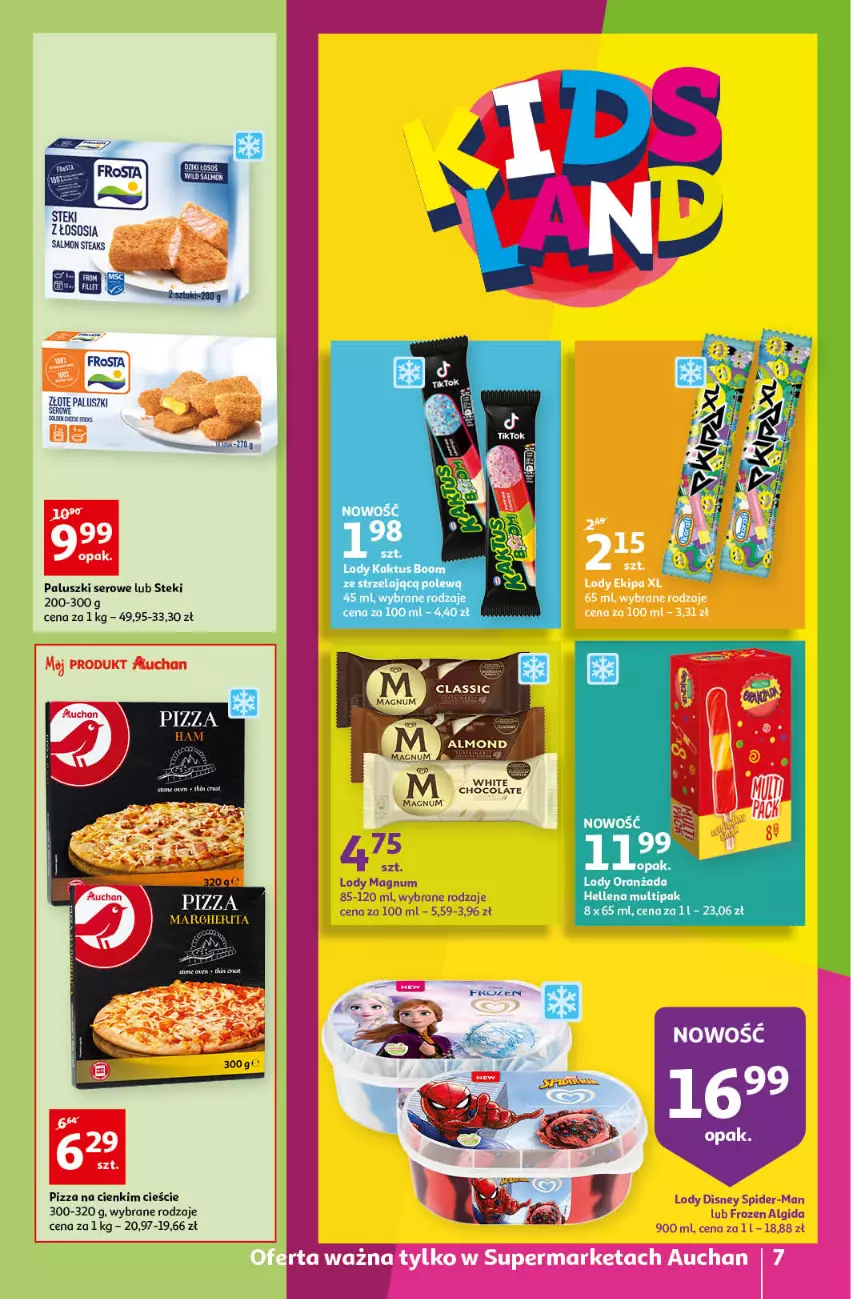 Gazetka promocyjna Auchan - przeNISKIE CENY przeRADOŚĆ dla dzieci Supermarkety - ważna 26.05 do 01.06.2022 - strona 7 - produkty: Algida, Disney, Frosta, Frozen, Kaktus, LG, Lody, Pizza, Ser, Sos, Stek