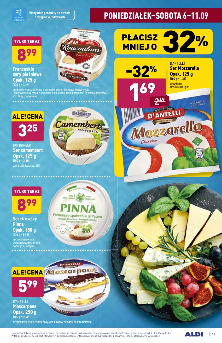 Gazetka promocyjna Aldi - ważna 06.09 do 11.09.2021 - strona 13 - produkty: Burger, Camembert, Deser, Gin, Hofburger, Lodówka, Mascarpone, Mozzarella, Por, Ser, Serek, Tera