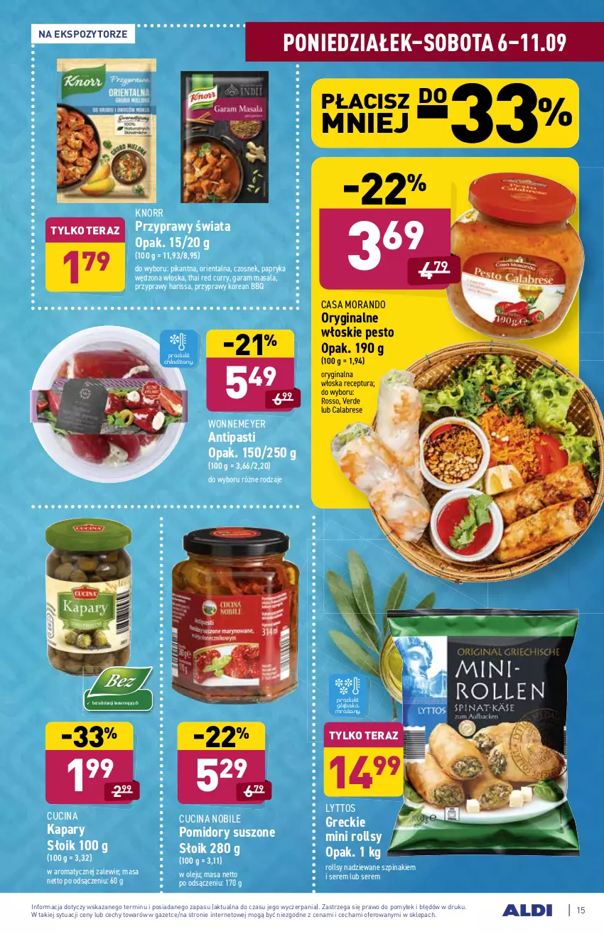 Gazetka promocyjna Aldi - ważna 06.09 do 11.09.2021 - strona 15 - produkty: Czosnek, Gin, Kapary, Knorr, Olej, Papryka, Papryka wędzona, Pesto, Pomidory, Przyprawy, Ser, Szpinak, Tera