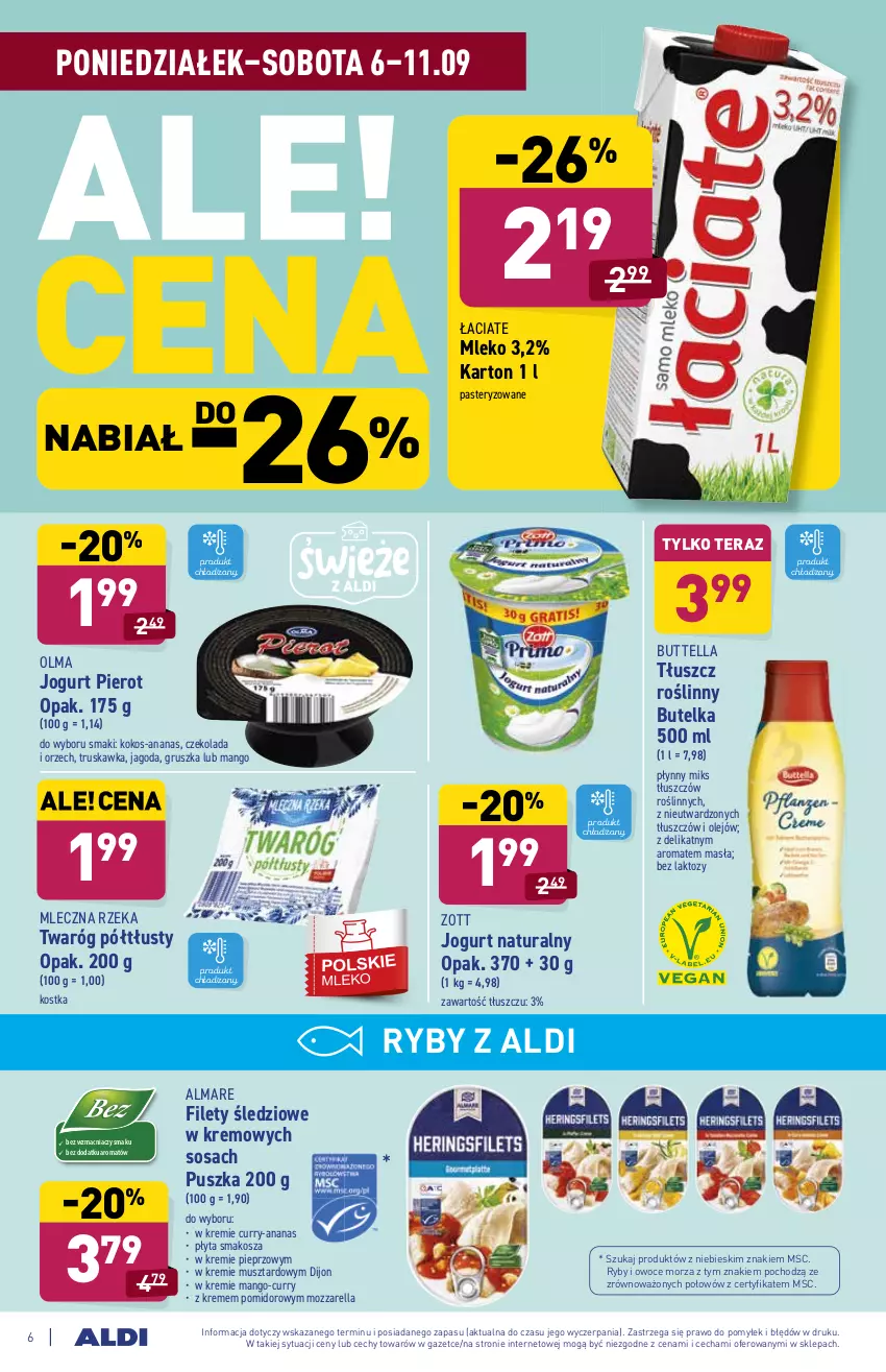 Gazetka promocyjna Aldi - ważna 06.09 do 11.09.2021 - strona 6 - produkty: Ananas, Czekolada, Jogurt, Jogurt naturalny, Kokos, Kosz, Mango, Mleczna Rzeka, Mleko, Mozzarella, Mus, Olej, Olma, Owoce, Owoce morza, Pieprz, Płyta, Ryby i owoce morza, Sos, Tera, Tłuszcz roślinny, Twaróg, Twaróg półtłusty, Zott