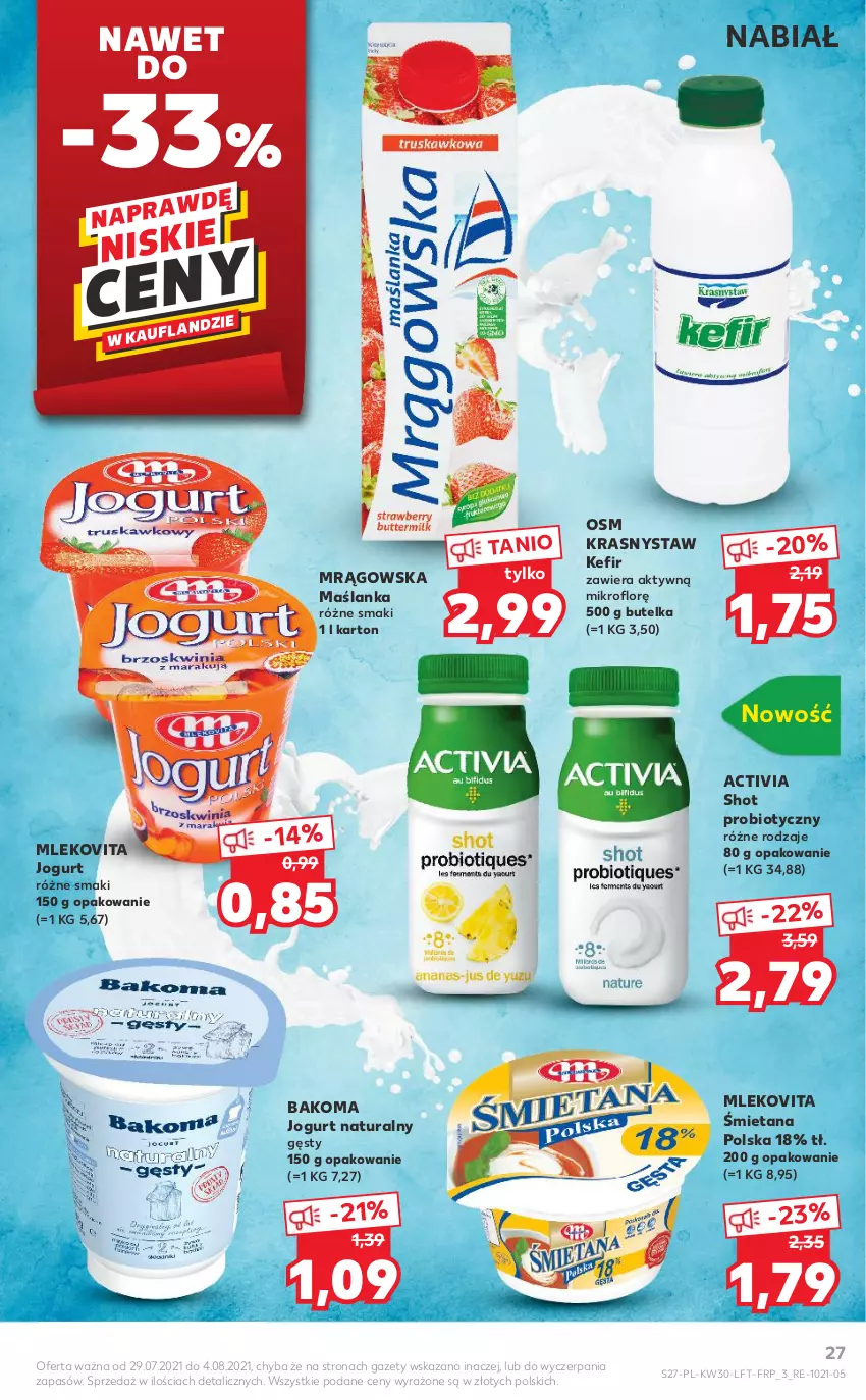 Gazetka promocyjna Kaufland - OFERTA TYGODNIA - ważna 29.07 do 04.08.2021 - strona 27 - produkty: Activia, Bakoma, Jogurt, Jogurt naturalny, Kefir, Maślanka, Mleko, Mlekovita