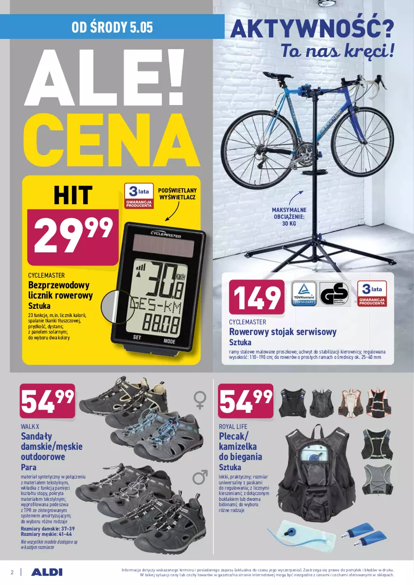 Gazetka promocyjna Aldi - ważna 05.05 do 08.05.2021 - strona 2 - produkty: Kamizelka, O nas, Plecak, Rama, Rower, Sandał, Ser, Sok, Stojak, Top