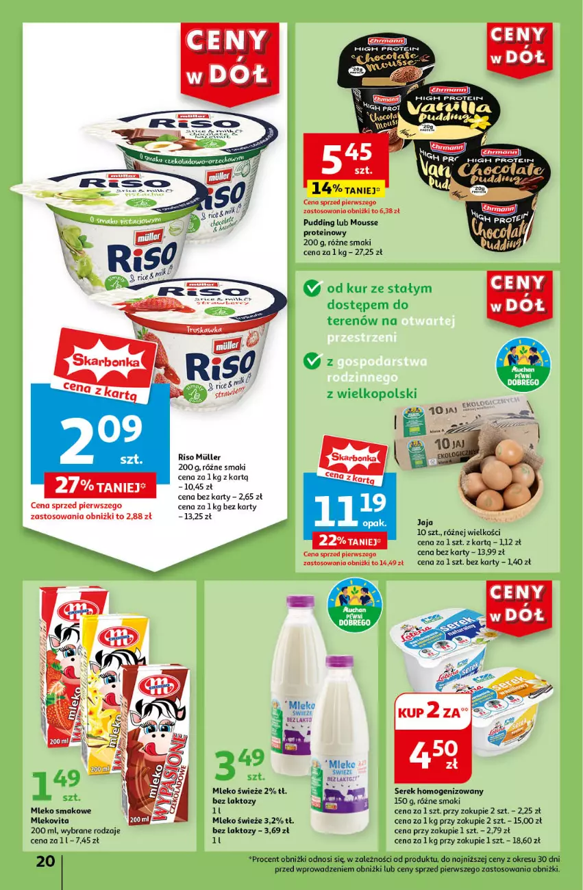 Gazetka promocyjna Auchan - Gazetka CENY W DÓŁ Hipermarket Auchan - ważna 20.06 do 26.06.2024 - strona 22 - produkty: Jaja, LG, Mleko, Mleko smakowe, Mlekovita, Pudding, Ser, Serek, Serek homogenizowany