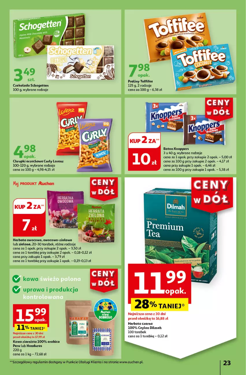 Gazetka promocyjna Auchan - Gazetka CENY W DÓŁ Hipermarket Auchan - ważna 20.06 do 26.06.2024 - strona 27 - produkty: Baton, BIC, Chrupki, Czekolada, Dilmah, Herbata, Herbata czarna, Herbata owocowa, Kawa, Kawa ziarnista, Knoppers, Lorenz, Praliny, Schogetten, Toffifee