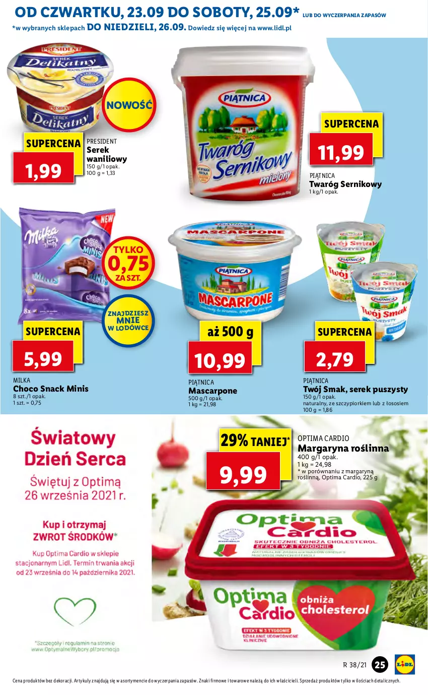 Gazetka promocyjna Lidl - GAZETKA - ważna 23.09 do 26.09.2021 - strona 25 - produkty: Margaryna, Mascarpone, Milka, Optima, Optima Cardio, Piątnica, Por, Ser, Serek, Serek puszysty, Sos, Twaróg, Twój Smak