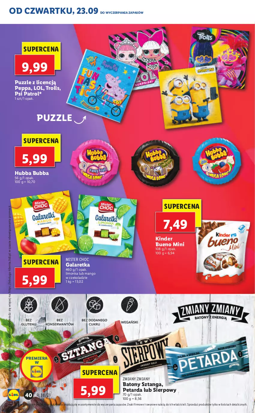 Gazetka promocyjna Lidl - GAZETKA - ważna 23.09 do 26.09.2021 - strona 40 - produkty: Baton, Gala, Galaretka, Kinder, Kinder Bueno, Limonka, Mango, Psi Patrol, Puzzle