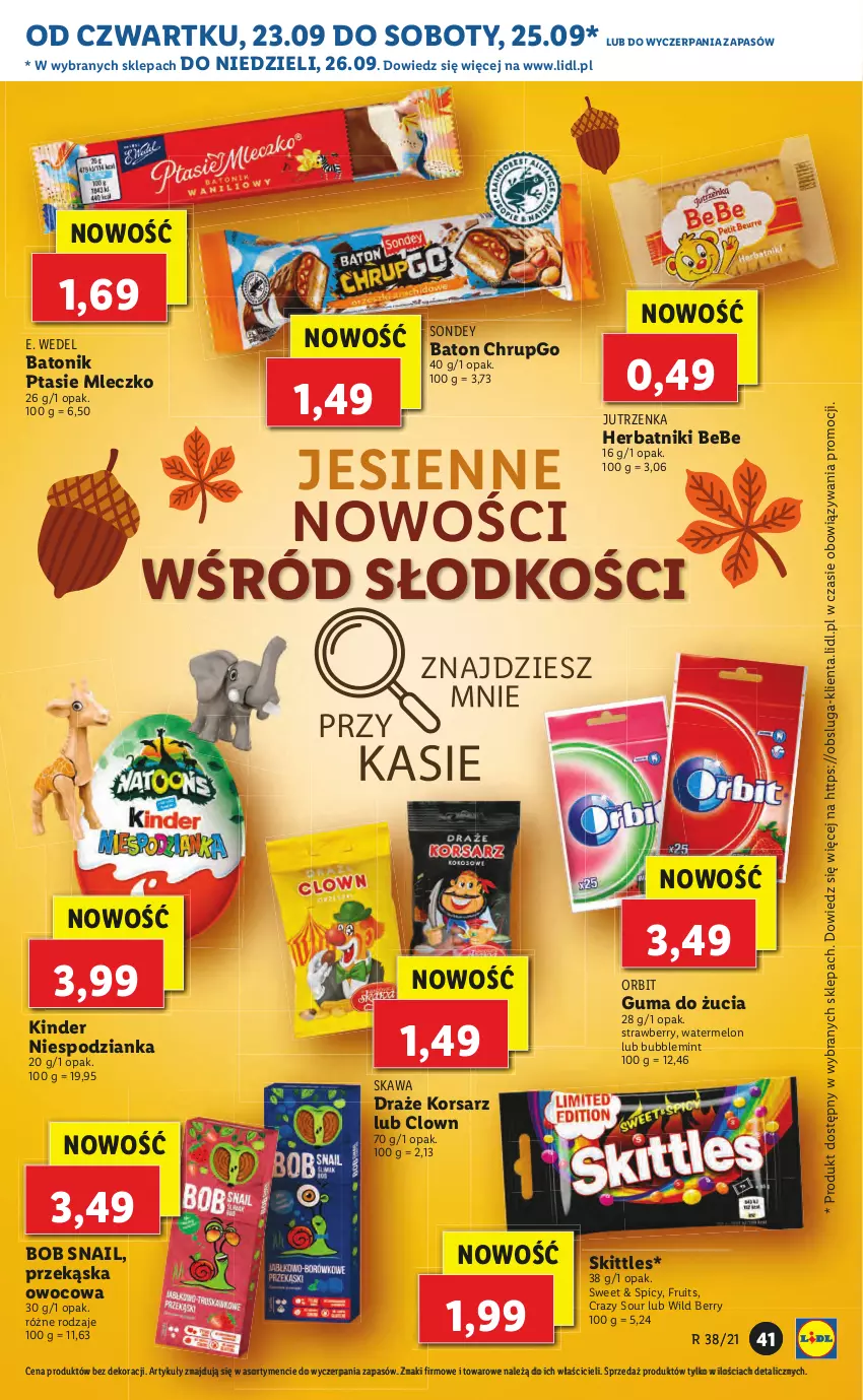 Gazetka promocyjna Lidl - GAZETKA - ważna 23.09 do 26.09.2021 - strona 41 - produkty: Baton, Guma do żucia, Herbatniki, Jutrzenka, Kawa, Kinder, Melon, Mleczko, Orbit, Tonik