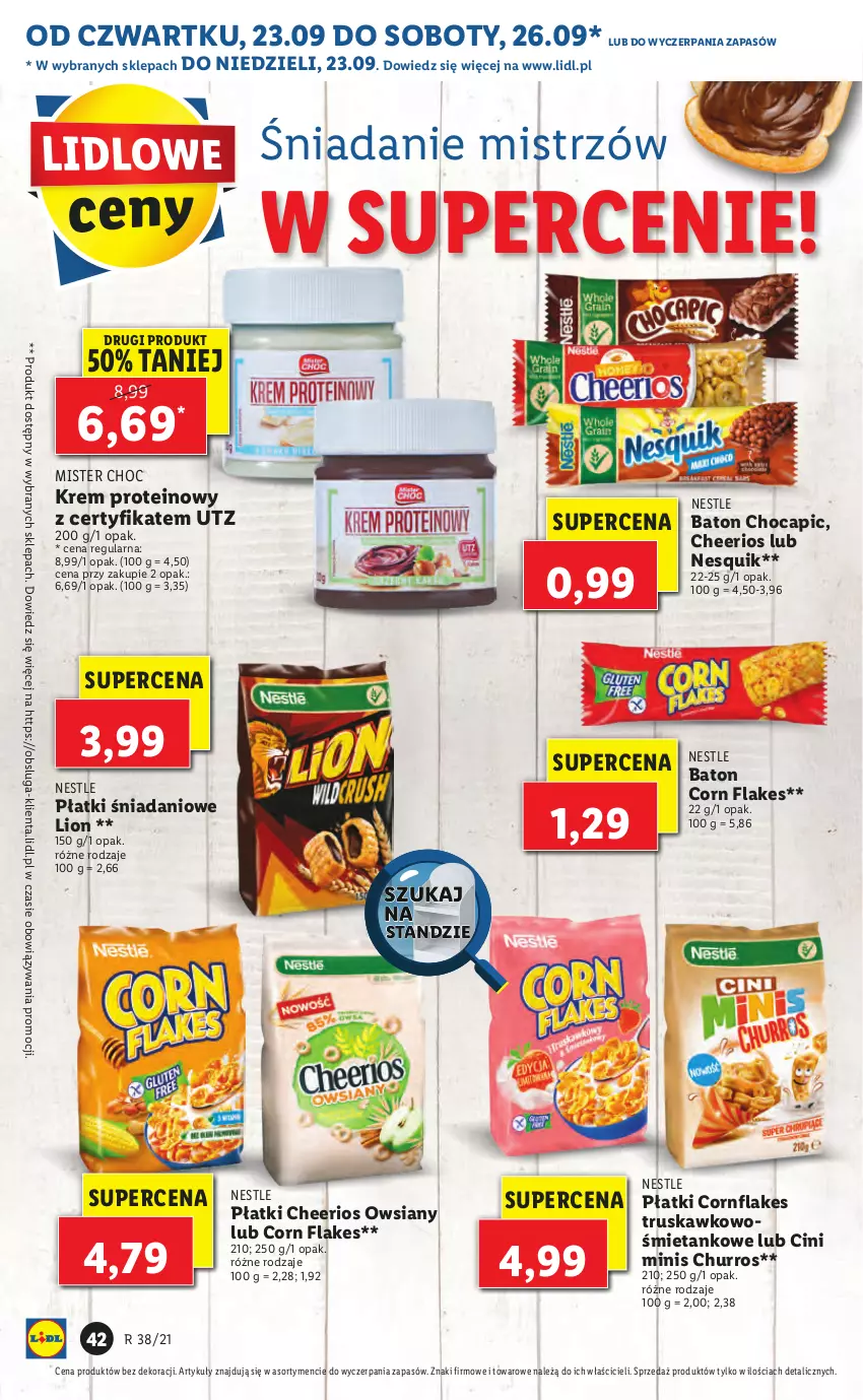 Gazetka promocyjna Lidl - GAZETKA - ważna 23.09 do 26.09.2021 - strona 42 - produkty: Baton, Cheerios, Cini Minis, Corn flakes, Danio, Lion, Nesquik