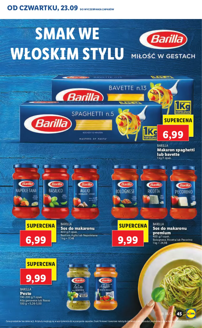 Gazetka promocyjna Lidl - GAZETKA - ważna 23.09 do 26.09.2021 - strona 45 - produkty: Barilla, Makaron, Pecorino, Pesto, Ricotta, Sos, Sos do makaronu, Spaghetti