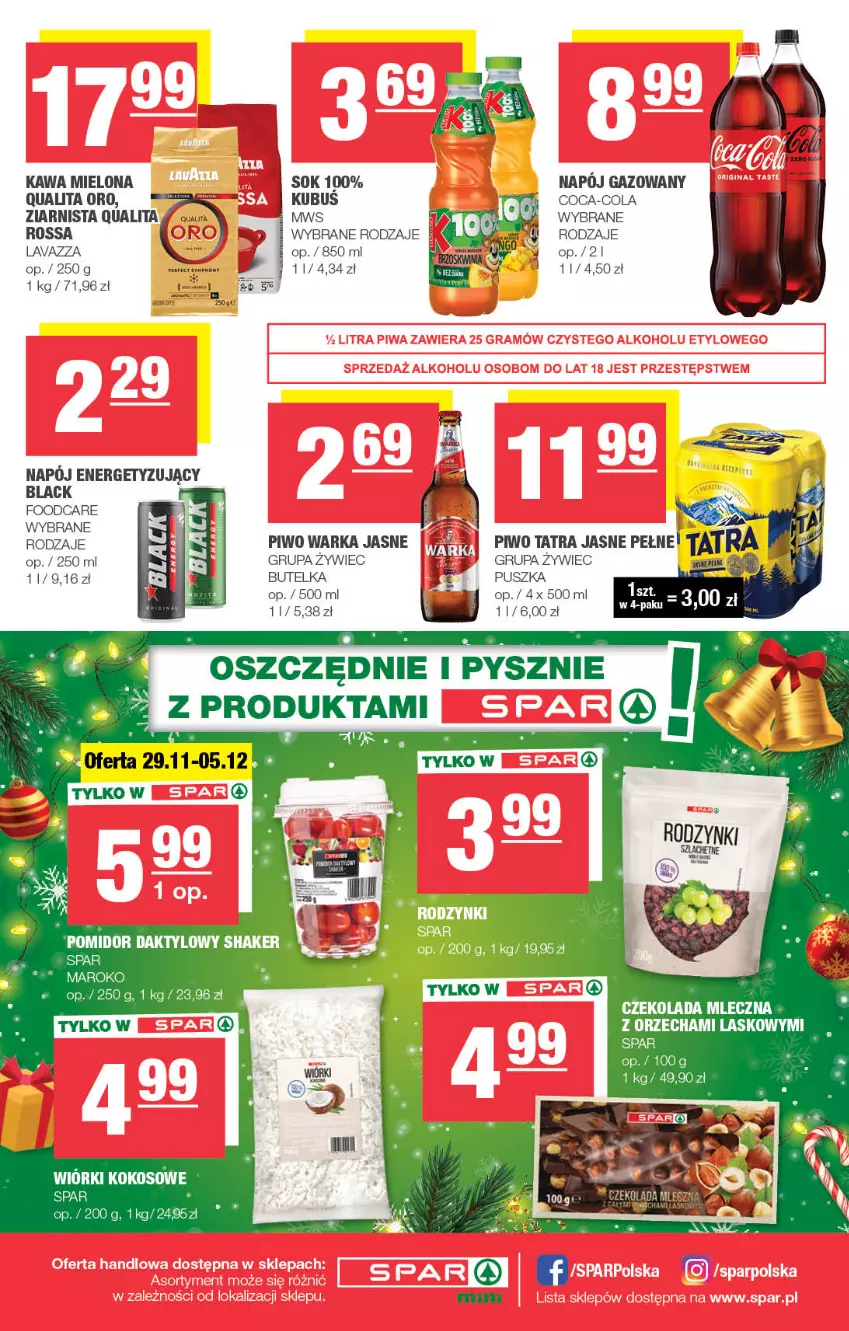 Gazetka promocyjna Spar - Spar-Mini - ważna 03.12 do 13.12.2023 - strona 4 - produkty: Coca-Cola, Czekolada, Czekolada mleczna, Kawa, Kawa mielona, Kokos, Lack, Lavazza, Napój, Piwo, Sok, Tatra, Warka