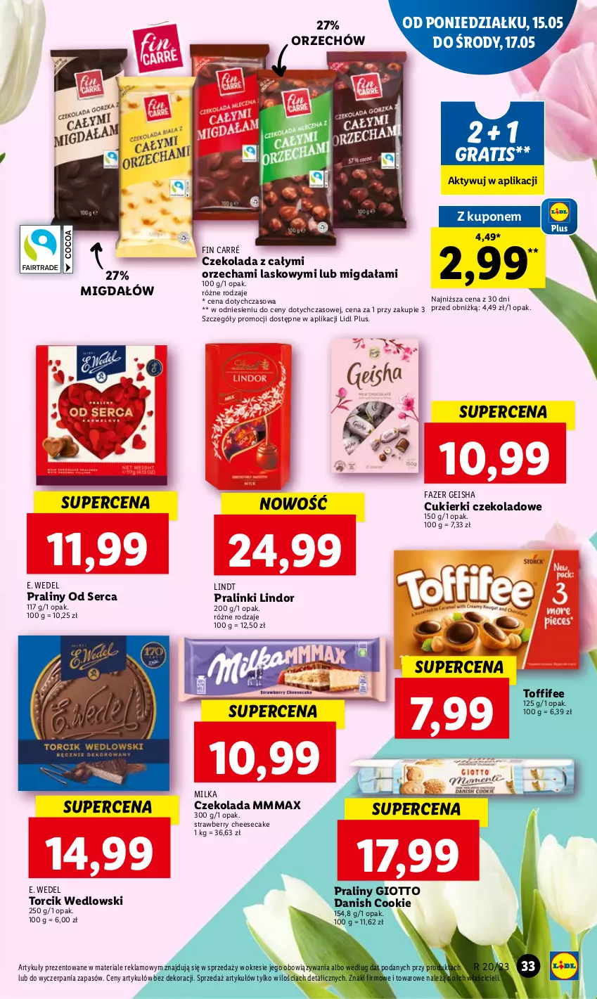 Gazetka promocyjna Lidl - GAZETKA - ważna 15.05 do 17.05.2023 - strona 33 - produkty: Cukier, Cukierki, Cukierki czekoladowe, Czekolada, E. Wedel, Fa, Gra, Lindor, Lindt, Milka, Praliny, Ser, Toffifee