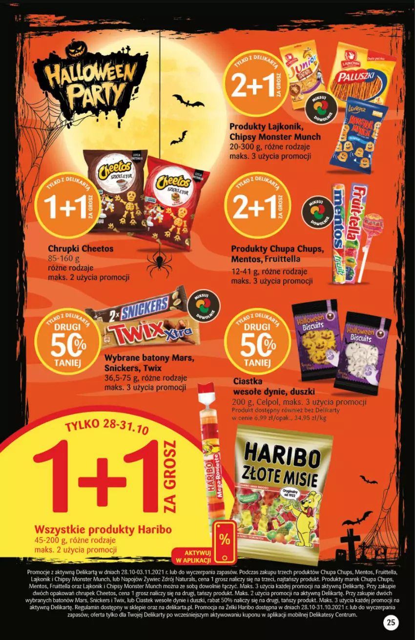 Gazetka promocyjna Delikatesy Centrum - Gazetka DC43 n. fresh - ważna 28.10 do 03.11.2021 - strona 25 - produkty: Baton, Cheetos, Chipsy, Chupa Chups, Haribo, Lajkonik, Mars, Mentos, Mobil, Monster Munch, Rum, Snickers, Stek, Twix