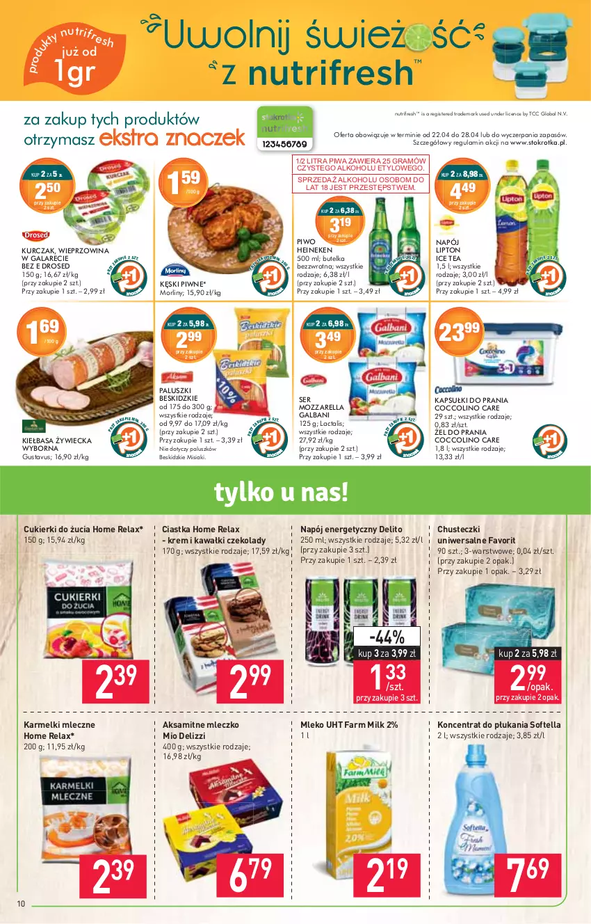 Gazetka promocyjna Stokrotka - Market - ważna 22.04 do 28.04.2021 - strona 10 - produkty: Aksam, Beskidzki, Chusteczki, Ciastka, Coccolino, Cukier, Cukierki, Fa, Farm Milk, Gra, Heineken, Ice tea, Kawa, Kurczak, Lipton, Mleczko, Mleko, Mozzarella, Napój, Napój energetyczny, Piwa, Piwo, Ser, Wieprzowina