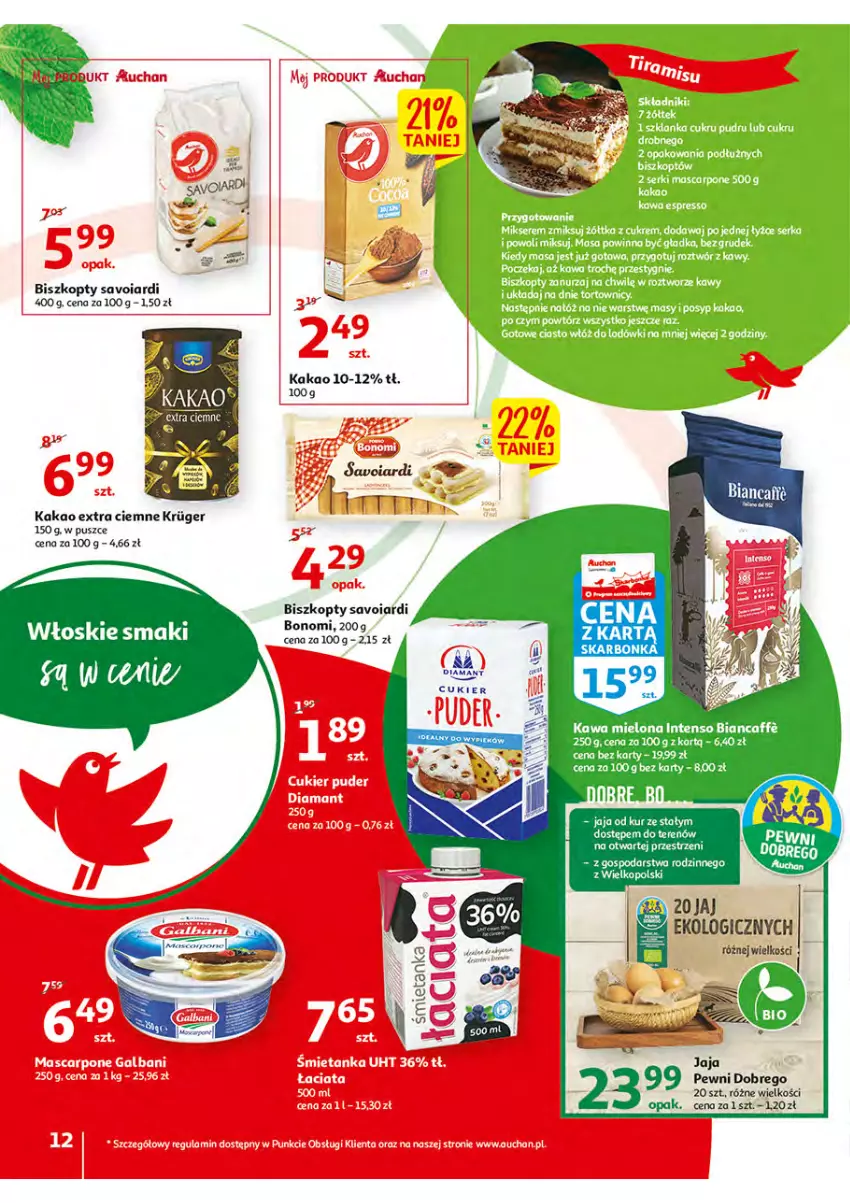 Gazetka promocyjna Auchan - Włoska kuchnia jest w cenie Hipermarkety - ważna 05.05 do 11.05.2022 - strona 12 - produkty: Biszkopty, Cukier, Cukier puder, Diamant, Galbani, Jaja, Kakao, Mascarpone, Por, Puder