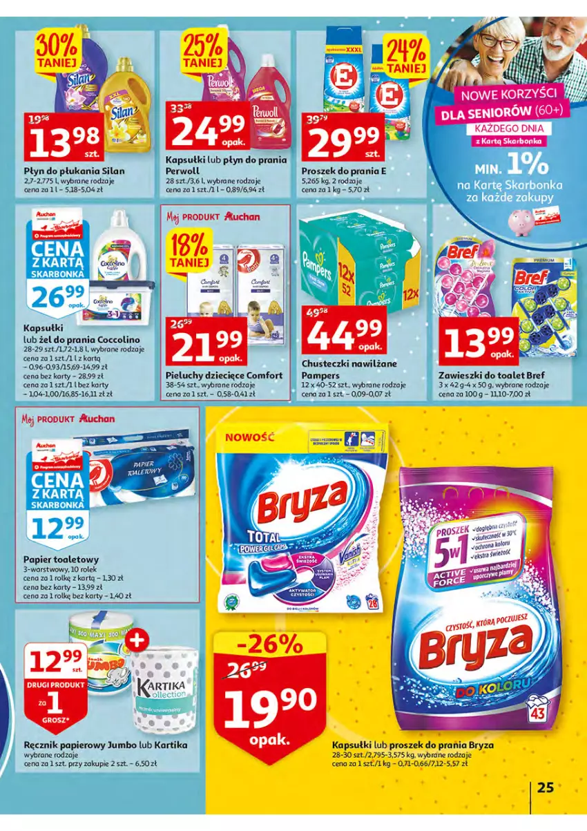 Gazetka promocyjna Auchan - Włoska kuchnia jest w cenie Hipermarkety - ważna 05.05 do 11.05.2022 - strona 25 - produkty: Bref, Bryza, Chusteczki, Coccolino, Dzieci, Pampers, Papier, Papier toaletowy, Perwoll, Pieluchy, Płyn do płukania, Płyn do prania, Proszek do prania, Ręcznik, Silan, Zawieszki