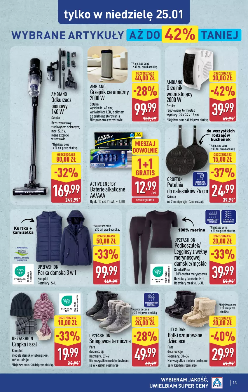 Gazetka promocyjna Aldi - Artykuły przemysłowe i tekstylia - ważna 21.01 do 24.01.2026 - strona 13 - produkty: Baterie alkaliczne, Botki, Czapka, Dzieci, Fa, Gin, Gra, Grzejnik, Kamizelka, Kosz, Kurtka, Legginsy, Odkurzacz, Parka, Patelnia, Podkoszulek, Por, Sok, Szal, Termos, Wełna