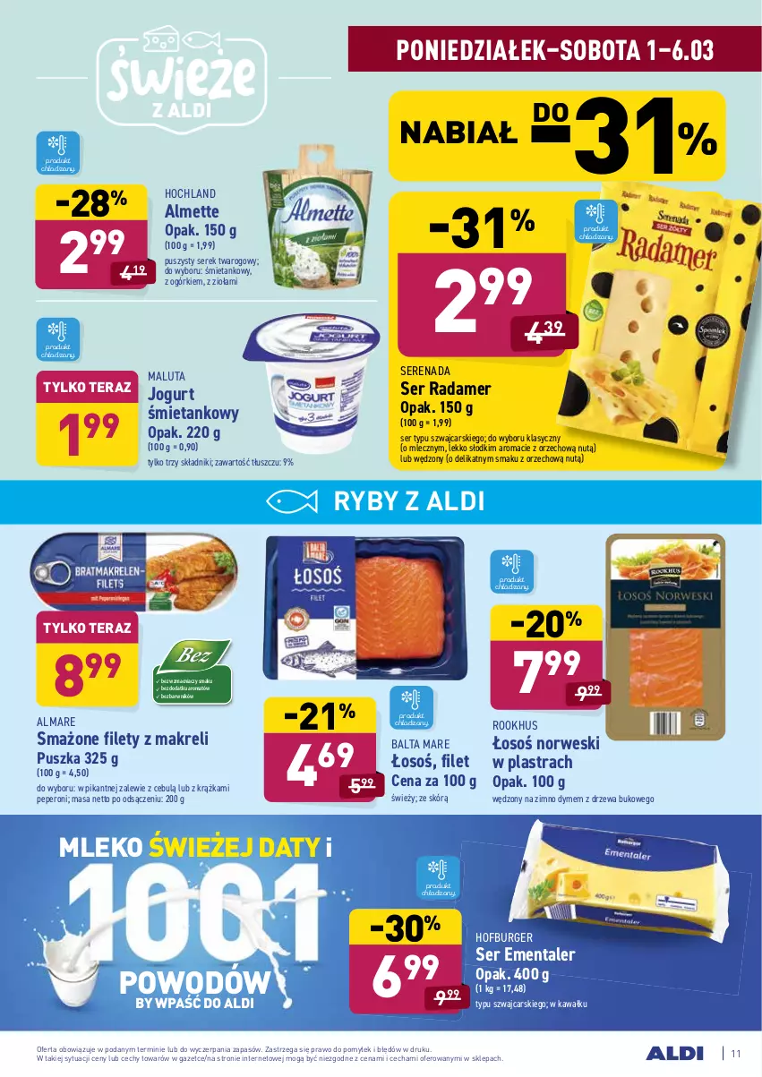 Gazetka promocyjna Aldi - ALE! CENA w ALDI - ważna 01.03 do 13.03.2021 - strona 11 - produkty: Almette, Balta Mare, Burger, Cars, Ementaler, Hochland, Hofburger, Jogurt, Kawa, Mleko, Radamer, Ser, Serek, Serek twarogowy, Tera