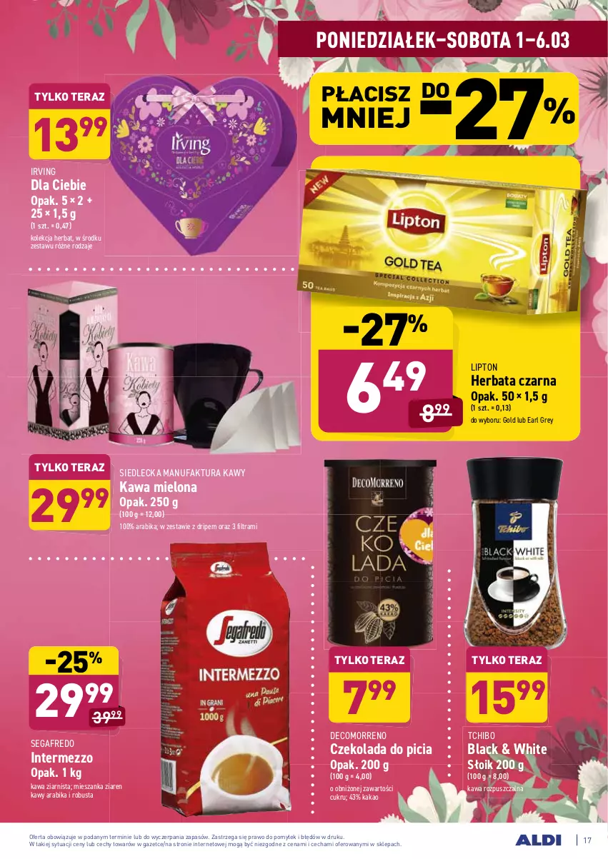 Gazetka promocyjna Aldi - ALE! CENA w ALDI - ważna 01.03 do 13.03.2021 - strona 17 - produkty: Czekolada, Earl Grey, Fa, Herbata, Herbata czarna, Irving, Kakao, Kawa, Kawa mielona, Kawa rozpuszczalna, Kawa ziarnista, Lack, Lipton, Segafredo, Tchibo, Tera