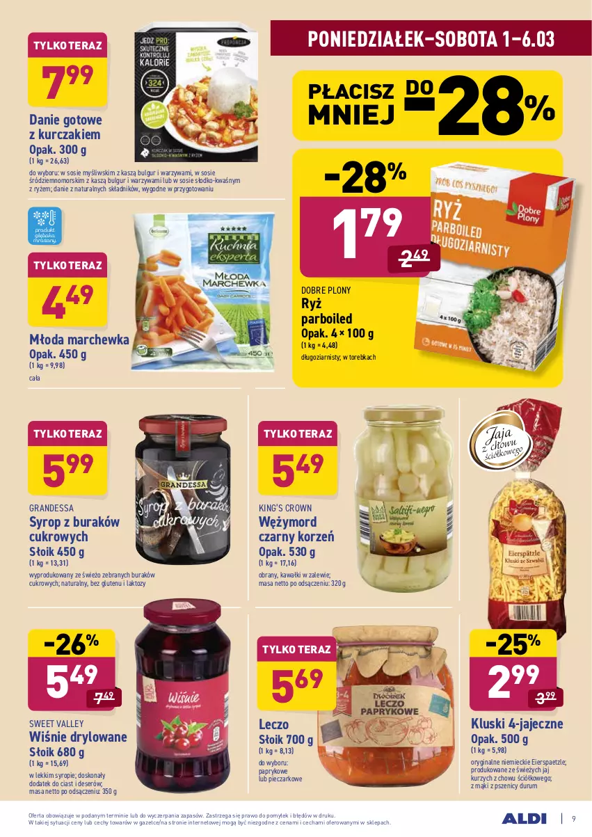 Gazetka promocyjna Aldi - ALE! CENA w ALDI - ważna 01.03 do 13.03.2021 - strona 9 - produkty: Bulgur, Danie gotowe, Deser, Gin, Gra, Kawa, King’s Crown, Kurczak, LG, Marchewka, Piec, Rum, Ryż, Ryż parboiled, Ser, Sos, Syrop, Tera, Torebka, Warzywa