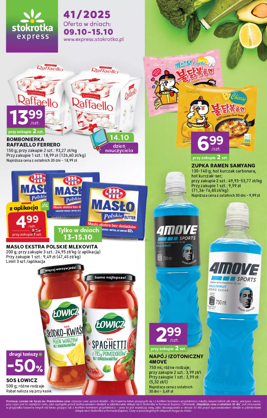 Gazetka promocyjna Stokrotka - Stokrotka Express - ważna 09.10 do 15.10.2025 - strona 1 - produkty: Fa, Ferrero, Kurczak, Masło, Mięso, Mleko, Mlekovita, Napój, Napój izotoniczny, Por, Raffaello, Ser, Sos, Sport