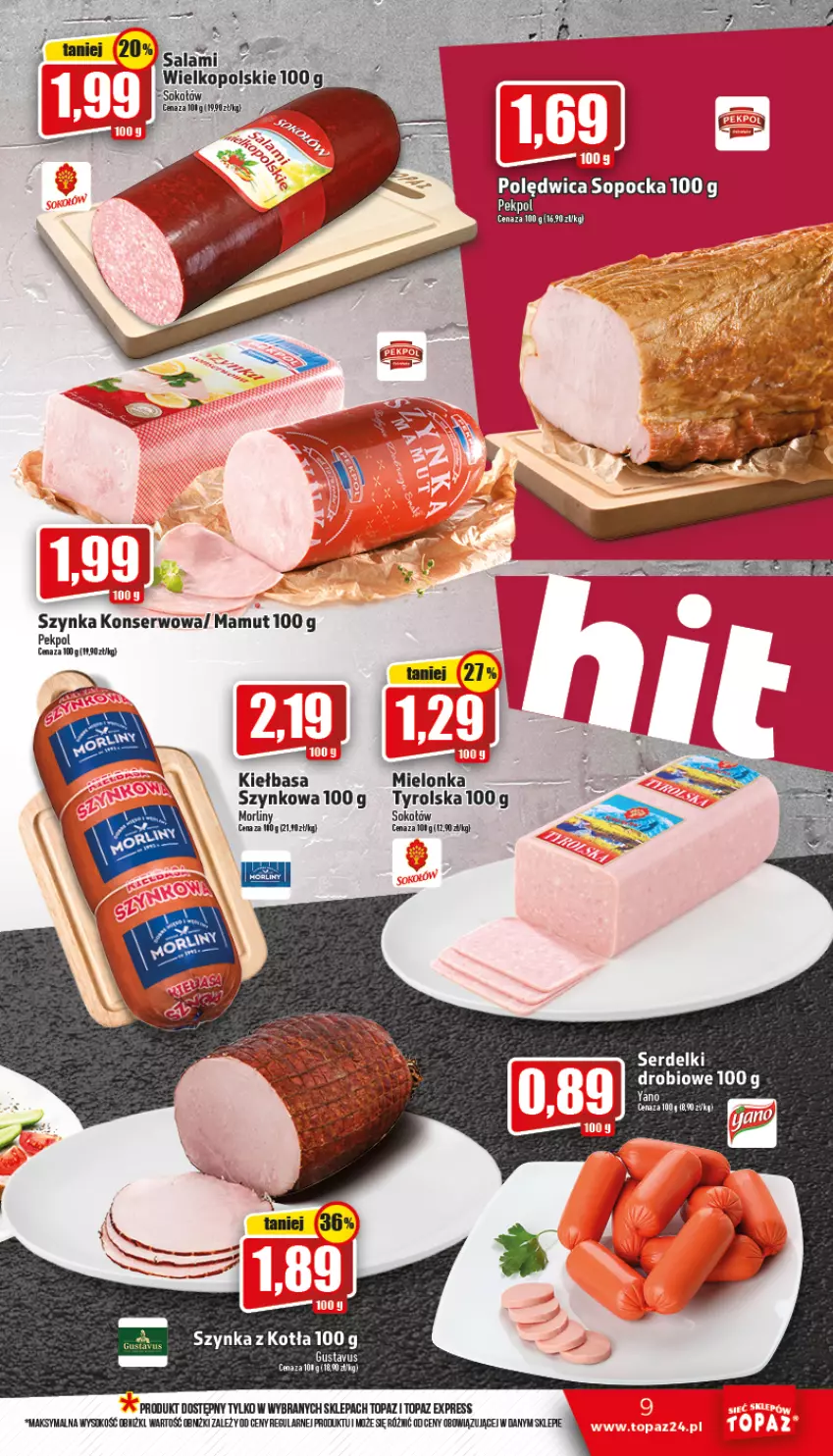 Gazetka promocyjna Topaz - Gazetka - ważna 13.10 do 19.10.2022 - strona 9 - produkty: Fa, Kiełbasa, Salami, Ser, Sok, Szynka, Szynka konserwowa, Top