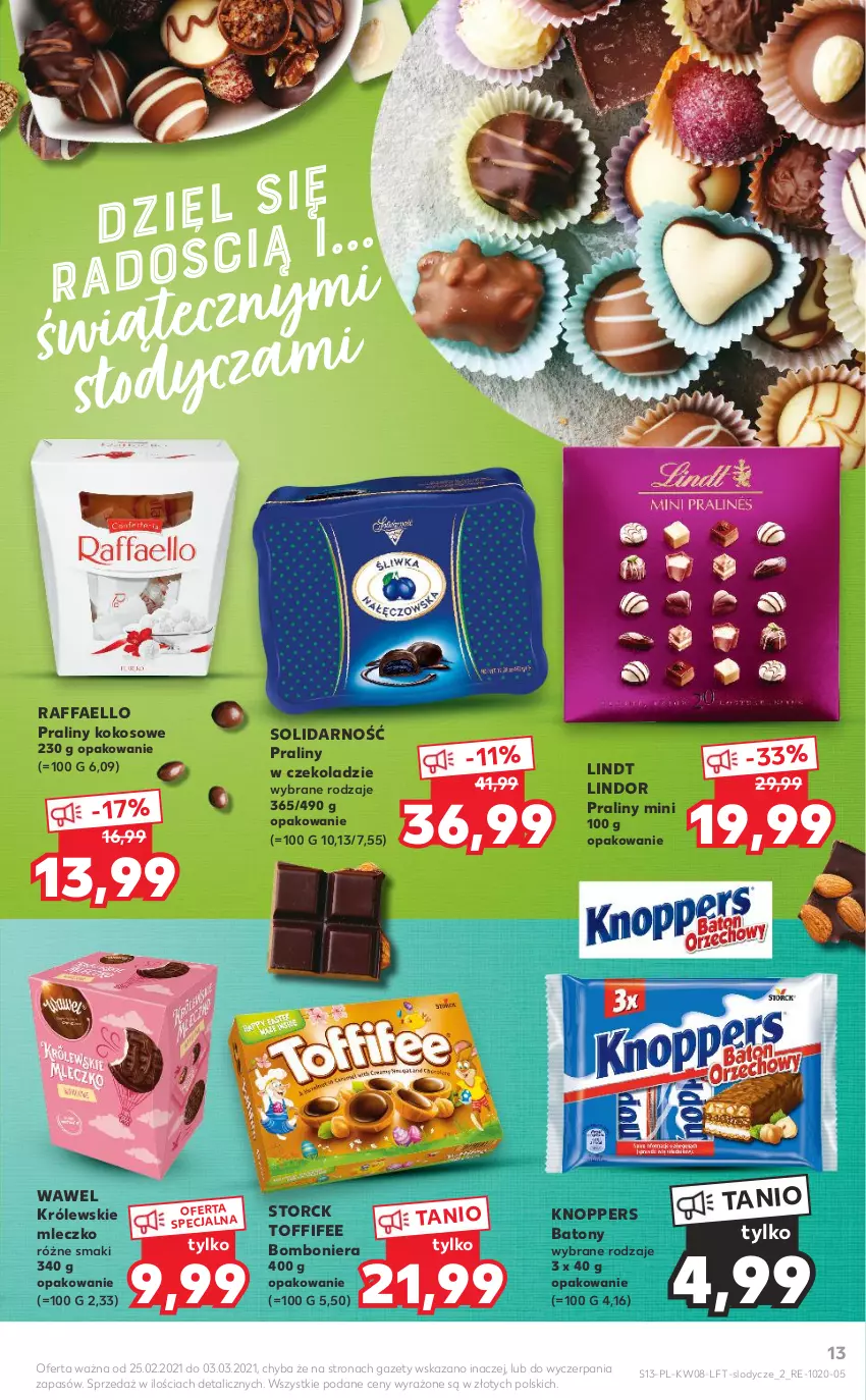 Gazetka promocyjna Kaufland - OFERTA TYGODNIA - ważna 25.02 do 03.03.2021 - strona 13 - produkty: Baton, Bomboniera, Fa, Knoppers, Kokos, Królewski, Królewskie Mleczko, Lindor, Lindt, Lody, Mleczko, Praliny, Raffaello, Toffifee, Wawel