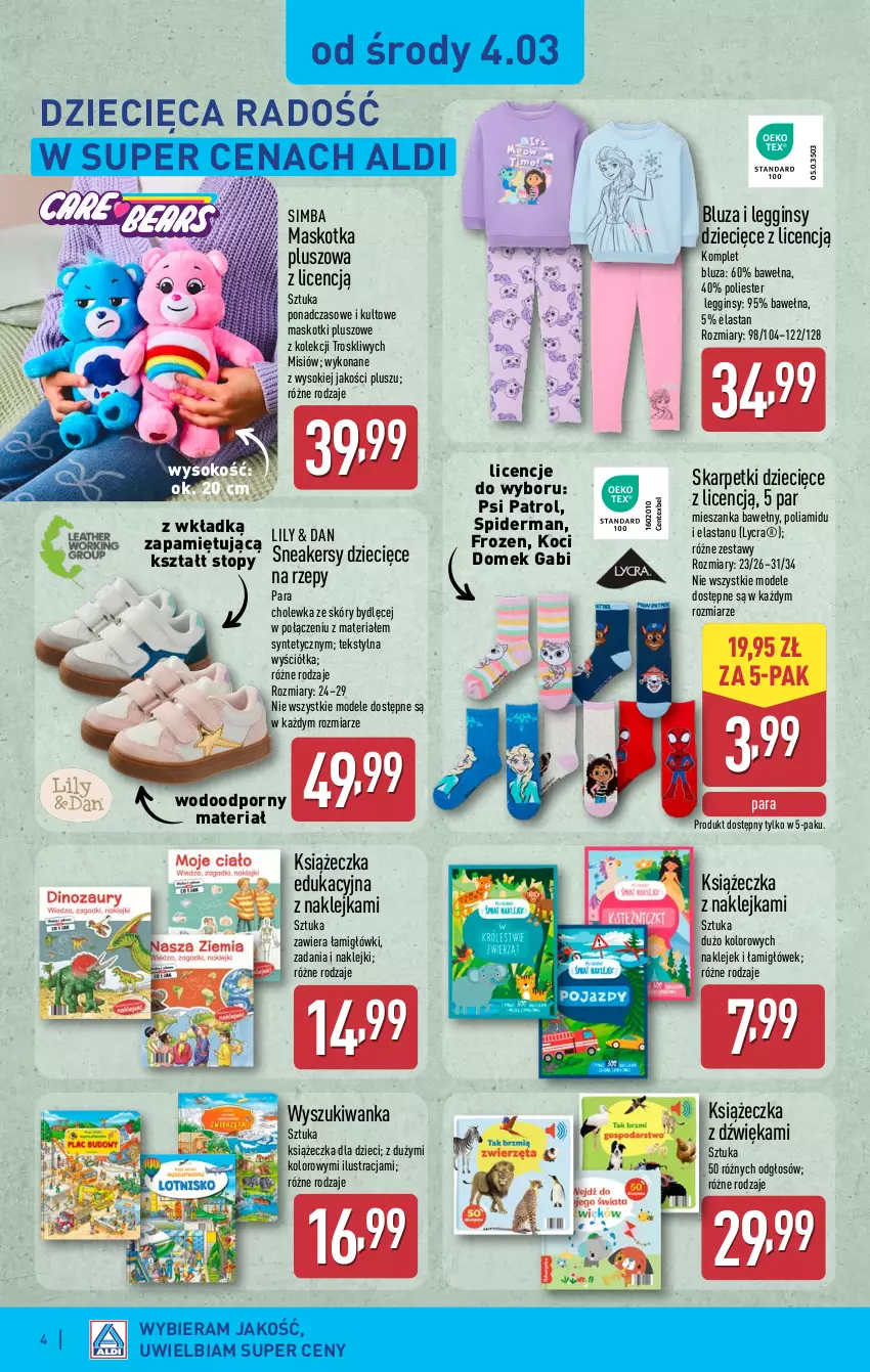 Gazetka promocyjna Aldi - Artykuły przemysłowe i tekstylia - ważna 04.03 do 07.03.2026 - strona 4 - produkty: Bluza, Dzieci, Frozen, Gin, Karp, Klej, Koc, Legginsy, Maskotka pluszowa, Por, Psi Patrol, Skarpetki, Sneakersy, Sok, Spiderman, Top, Wełna
