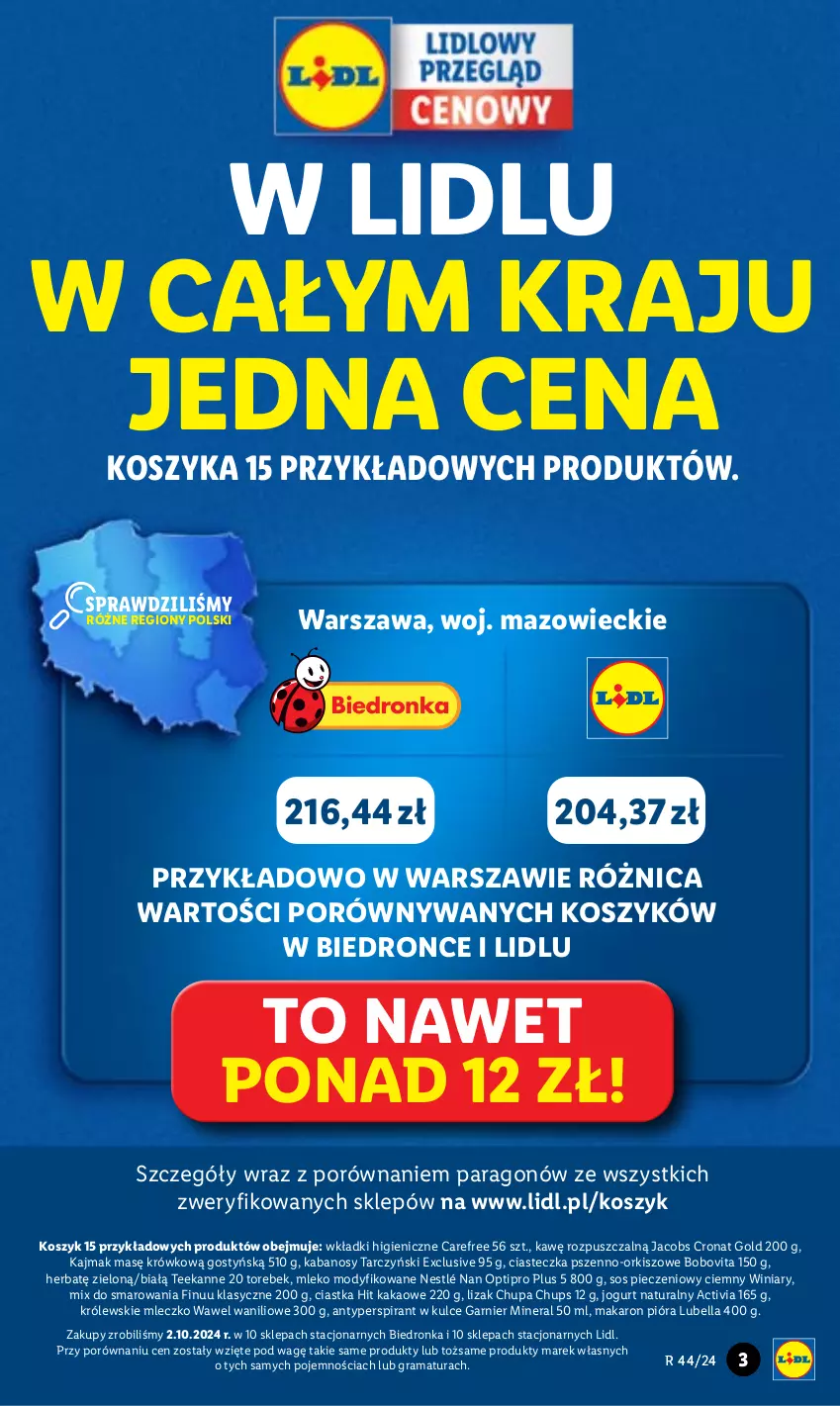 Gazetka promocyjna Lidl - GAZETKA - ważna 12.11 do 16.11.2024 - strona 3 - produkty: Activia, Antyperspirant, Bell, Bella, BoboVita, Carefree, Chupa Chups, Ciastka, Finuu, Garnier, Gra, Jacobs, Jogurt, Jogurt naturalny, Kabanos, Kakao, Kosz, Królewski, Królewskie Mleczko, Lubella, Makaron, Mleczko, Mleko, Mleko modyfikowane, NAN Optipro, Nestlé, Piec, Por, Rama, Sos, Sos pieczeniowy, Tarczyński, Teekanne, Wawel, Winiary, Wkładki