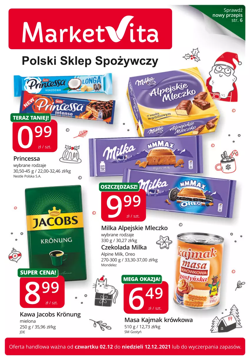 Gazetka promocyjna Market Vita - Gazetka promocyjna – Marketvita - ważna 02.12 do 12.12.2021 - strona 1 - produkty: Czekolada, Jacobs, Kawa, Milka, Mleczko, Oreo, Princessa