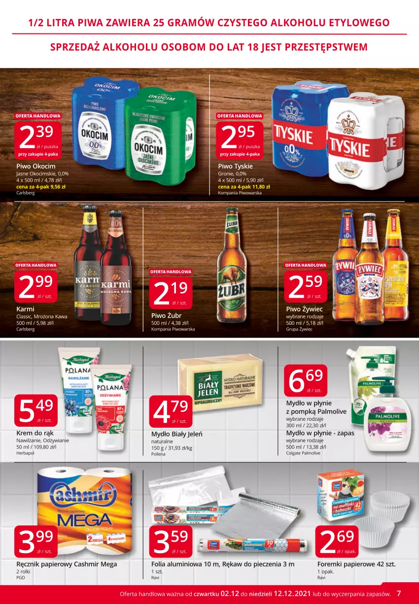 Gazetka promocyjna Market Vita - Gazetka promocyjna – Marketvita - ważna 02.12 do 12.12.2021 - strona 7 - produkty: Biały Jeleń, Carlsberg, Colgate, Folia aluminiowa, Foremki, Herbapol, Karmi, Kawa, Koc, Krem do rąk, LANA, LG, Mydło, Mydło w płynie, Okocim, Palmolive, Papier, Piec, Piwo, Ręcznik, Rękaw do pieczenia, Rolki, Tyskie