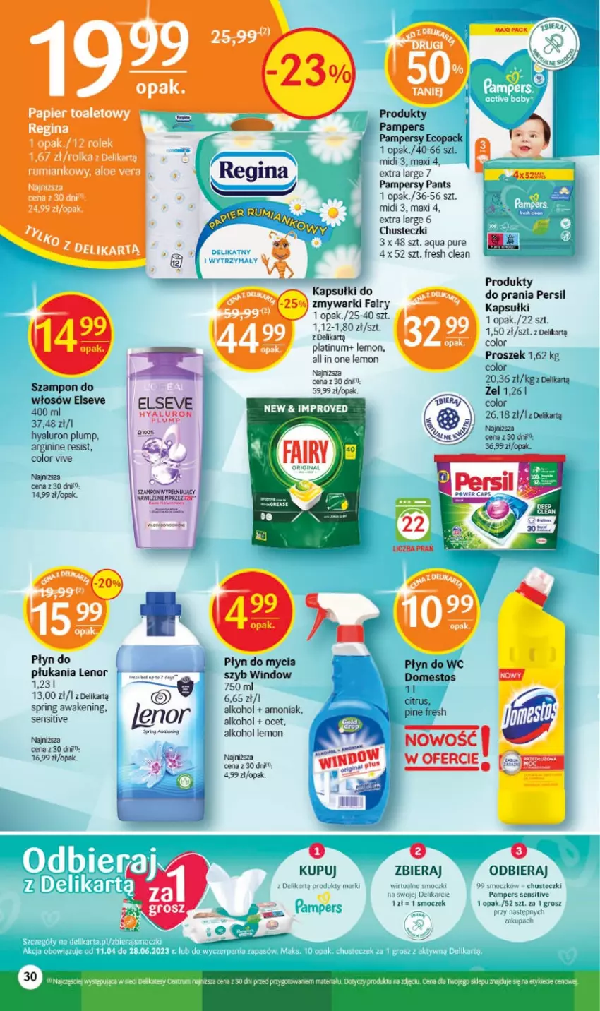 Gazetka promocyjna Delikatesy Centrum - Gazetka DC20 - ważna 25.05 do 31.05.2023 - strona 30 - produkty: Aloe vera, Chusteczki, Domestos, Elseve, Fa, Fairy, Gin, Lenor, Pampers, Papier, Papier toaletowy, Persil, Płyn do mycia, Płyn do wc, Pur, Rum, Szampon, Zmywarki